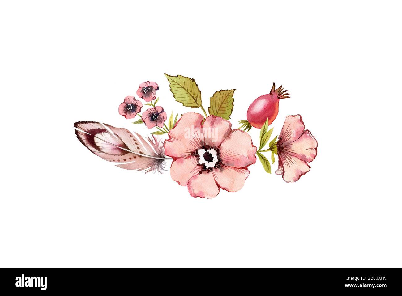 Acquerello Bouquet Chic Shabby. Composizione floreale vintage. Polveroso rosa rosa anca, fiori di briar, foglie, piume, isolato su sfondo bianco. Mano Foto Stock