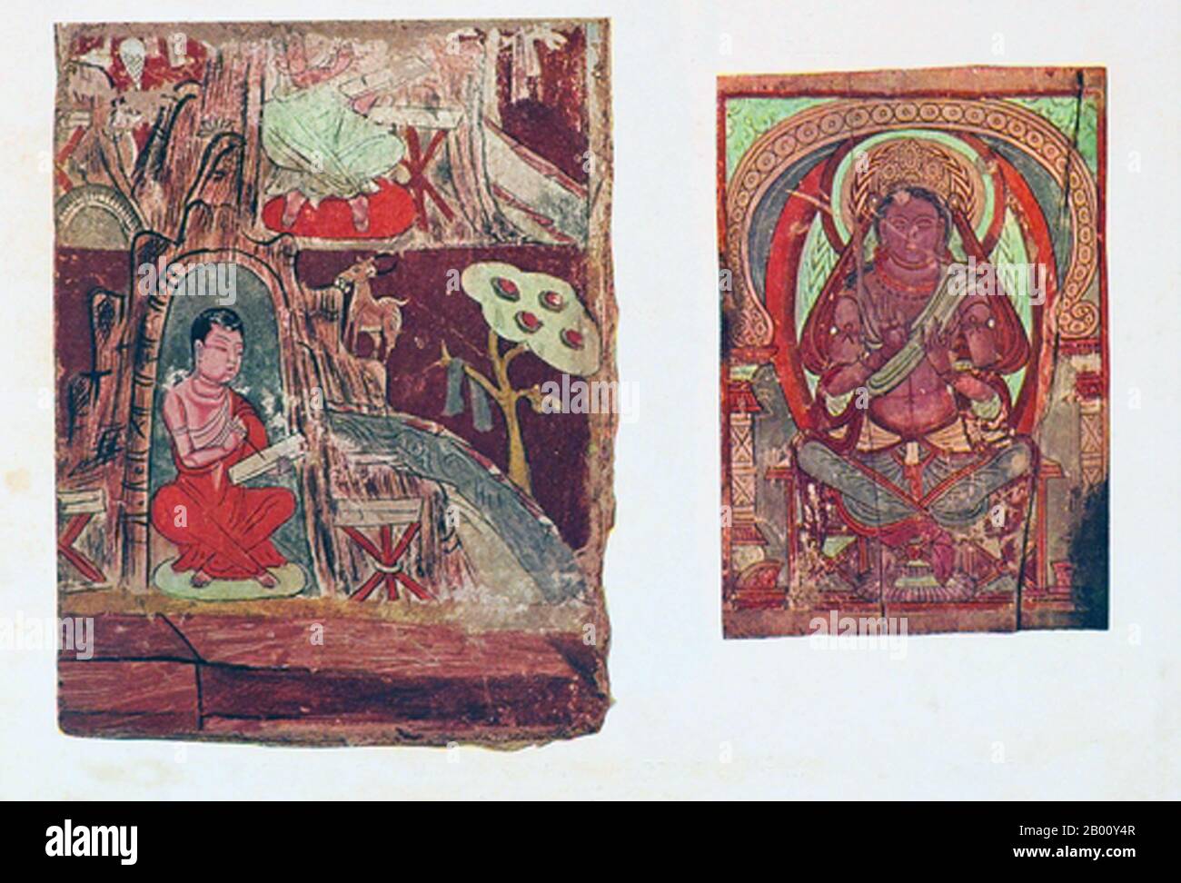 Cina/Via della Seta: Bodhisattvas e accoliti nei murales di Turfan Oasis, Xinjiang, c. VII-VIII secolo d.C. L'Oasi Turpan era un centro strategico significativo sulla Via della Seta settentrionale dello Xinjiang, sede delle antiche città di Yarkhoto (Jiaohe) e Karakhoja (Gaochang). Gli eserciti cinesi entrarono per la prima volta in Turpan nel II secolo a.C., durante il regno dell'Imperatore Han Wu di (141-87), quando l'oasi era un centro della cultura tofariana indoeuropea. Turpan mantenne un carattere distintamente buddista fino al tempo del Khanato Chagatai nel 13 ° secolo, quando l'Islam divenne gradualmente la religione dominante Foto Stock