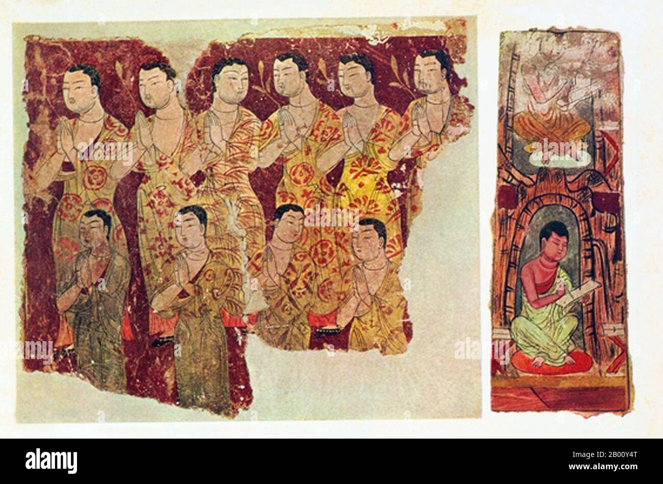 Cina/Via della Seta: Bodhisattvas e accoliti nei murales di Turfan Oasis, Xinjiang, c. VII-VIII secolo d.C. L'Oasi Turpan era un centro strategico significativo sulla Via della Seta settentrionale dello Xinjiang, sede delle antiche città di Yarkhoto (Jiaohe) e Karakhoja (Gaochang). Gli eserciti cinesi entrarono per la prima volta in Turpan nel II secolo a.C., durante il regno dell'Imperatore Han Wu di (141-87), quando l'oasi era un centro della cultura tofariana indoeuropea. Turpan mantenne un carattere distintamente buddista fino al tempo del Khanato Chagatai nel 13 ° secolo, quando l'Islam divenne gradualmente la religione dominante Foto Stock