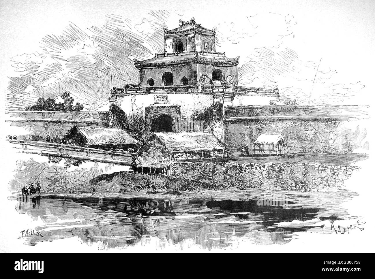 Vietnam: Un ingresso alla Cittadella di Hue. Incisione di Auguste-Louis Lepere (1849-1918), 1886. La Città Imperiale (vietnamita: Kinh Thành Huế) di Huế è una fortezza e un palazzo murato nell'ex capitale del Vietnam. I terreni della Città Imperiale erano circondati da un muro di 2 chilometri per 2 chilometri, e le mura erano circondate da un fossato. L'acqua dal fossato è stata prelevata dal fiume Song Huong (fiume profumo) che scorre attraverso Huế. Questa struttura si chiama cittadella. All'interno della cittadella si trova la Città Imperiale, e al suo interno si trova la chiusa imperiale chiamata Città Proibita Viola. Foto Stock