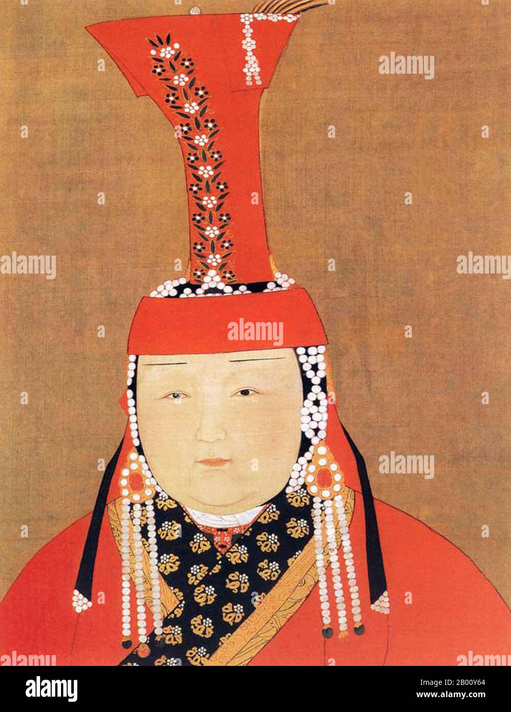 Mongolia/Cina: Chabi (morto nel 1286), moglie di Kublai Khan (r.1260-1294), il primo imperatore Yuan Shizu. Inchiostro su pittura di seta di Araniko (1244-1306), fine 13 ° secolo. Kublai sposò per la prima volta Tegulen ma morì molto presto. Poi sposò Chabi Khatun dei Khunggirat. Chabi era l'imperatrice più amata di Kublai. Dopo la sua morte nel 1286, Kublai sposò il suo giovane cugino, Nambui, secondo il desiderio di Chabi. La famiglia imperiale Song si arrese agli Yuan nel 1276, facendo dei Mongoli il primo popolo non cinese a conquistare tutta la Cina. Foto Stock