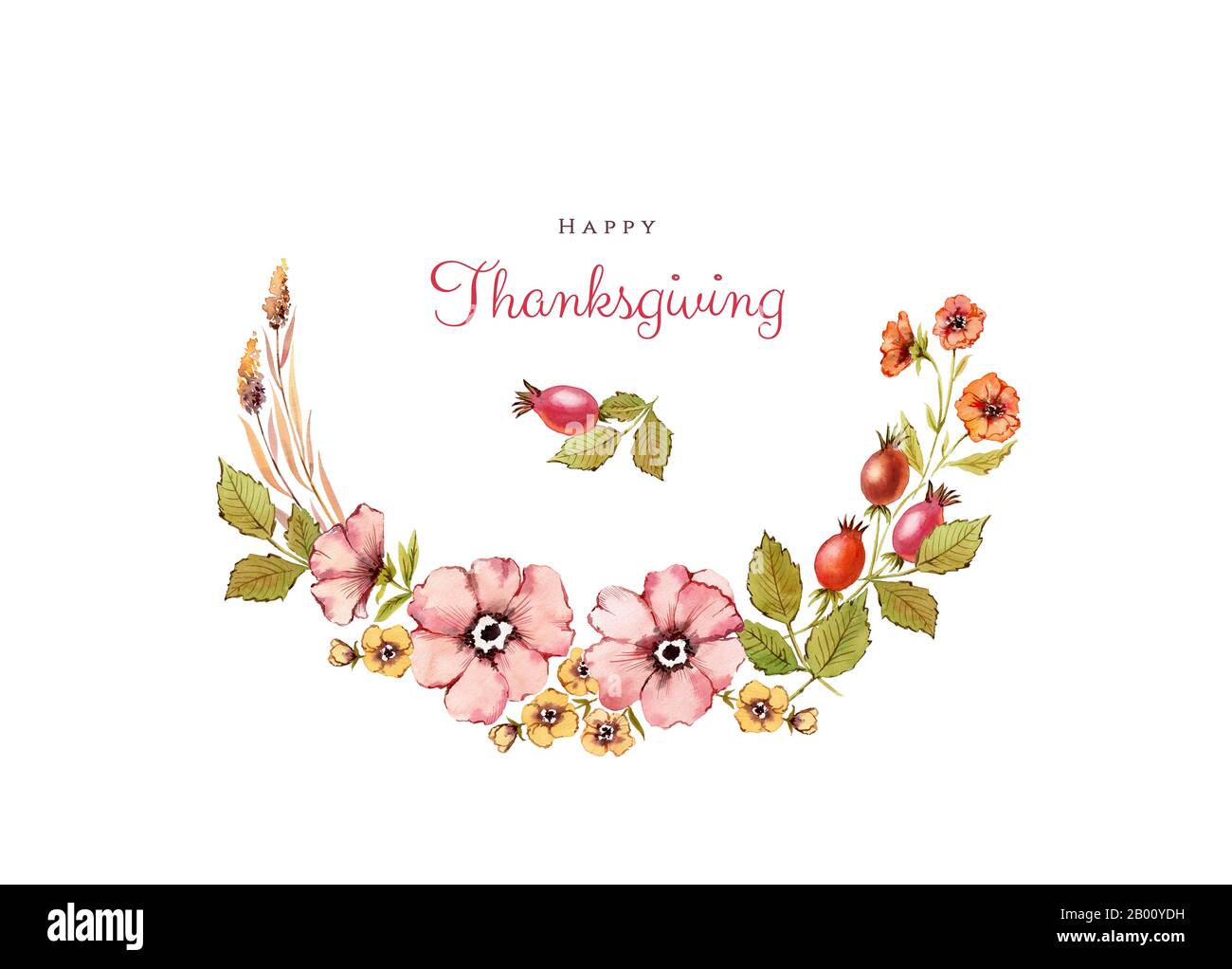 Banner Acquerello Felice Thanksgiving. Arco floreale di corona con l'anca di rosa, fiori di briar, foglie. Illustrazione isolata dipinta a mano su sfondo bianco Foto Stock
