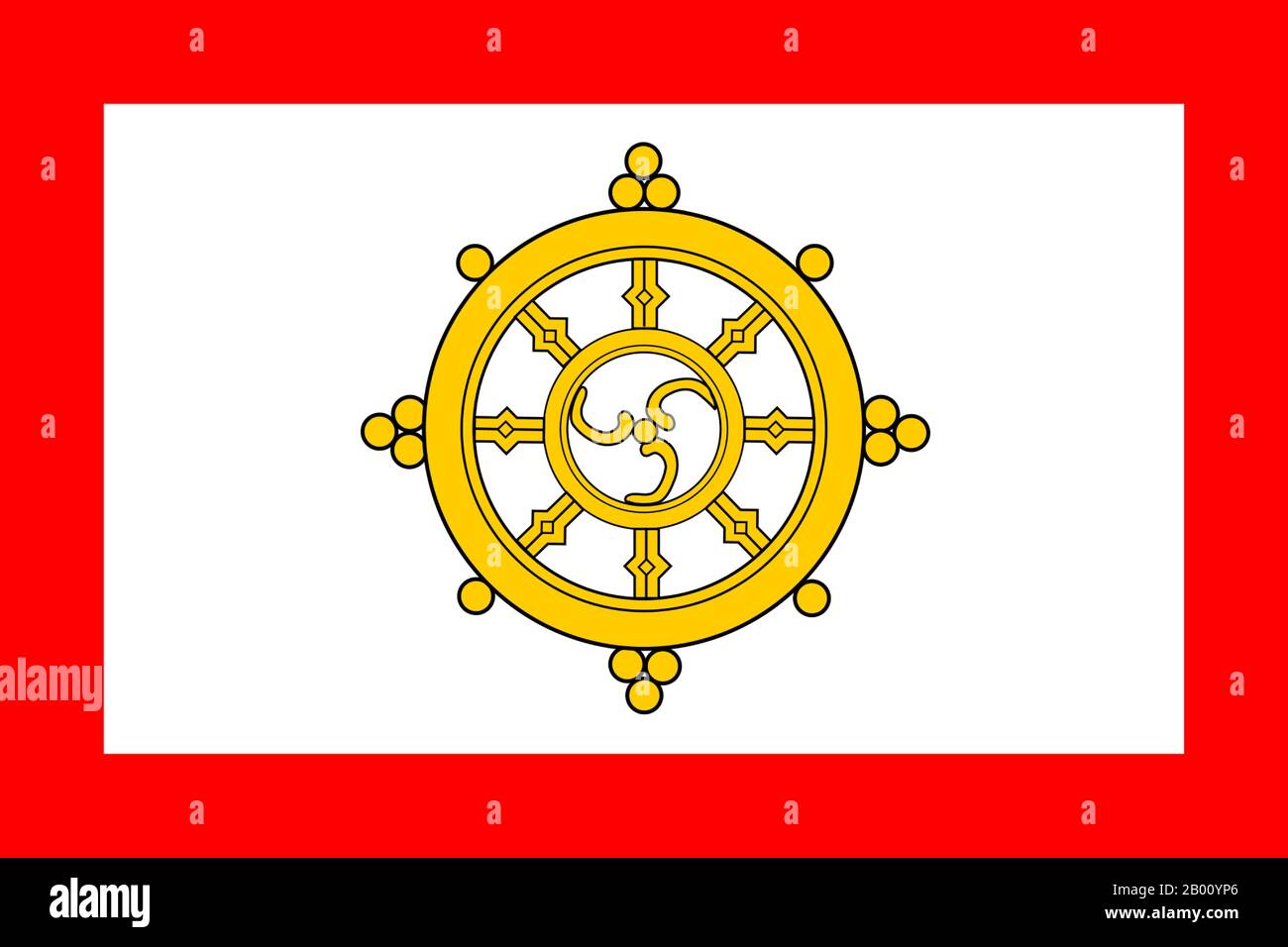 India/Sikkim: Bandiera della ruota di preghiera buddista dell'ex monarchia di Sikkim (1967-1975). La bandiera nazionale di Sikkim consisteva in una ruota di preghiera khorlo buddista con il gankyil come elemento centrale. Fino al 1967, la bandiera precedente mostrava un design molto complesso con un bordo fantasioso e pittogrammi religiosi che circondano il khorlo. Un progetto più semplice è stato adottato nel 1967 a causa della difficoltà di duplicazione della bandiera complessa. Il bordo è diventato rosso fisso, i pittogrammi sono stati rimossi e la ruota è stata riprogettata. Con l'annessione del Sikkim all'India, la monarchia e la bandiera sono state abolite. Foto Stock
