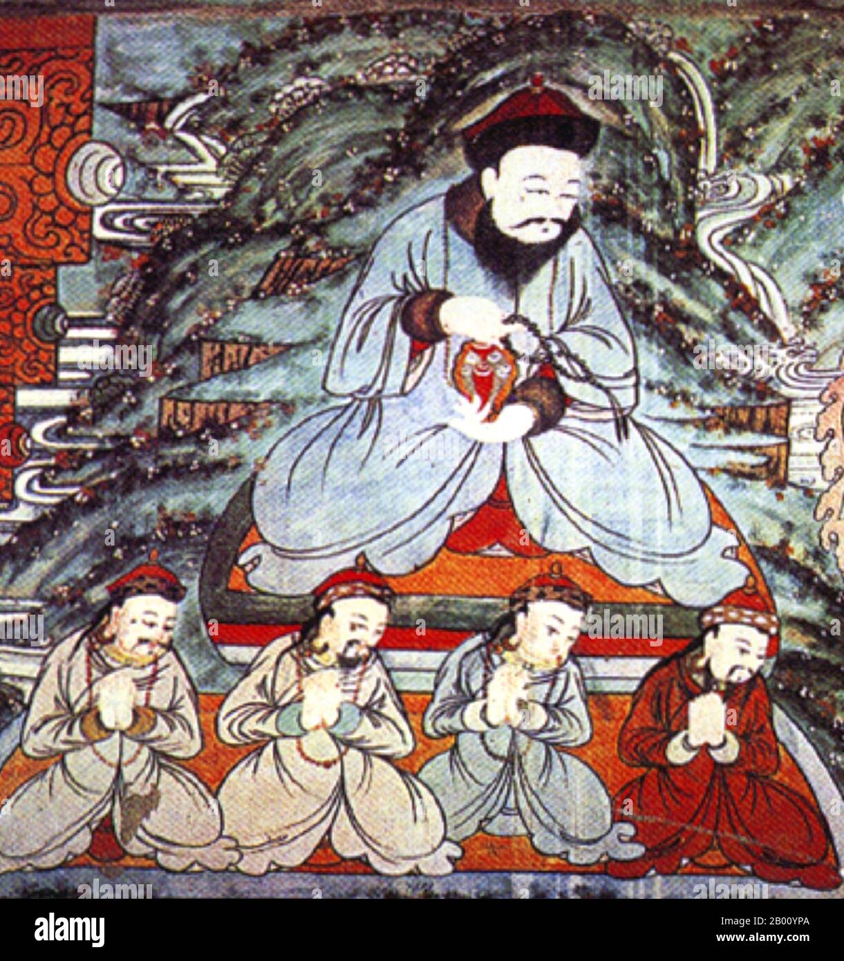 Mongolia: Altan Khan (1507-1582), Signore dei Mongoli Tumet, 16 ° secolo. Altan Khan (1507–1582), governatore dei tumeti Mongoli e di fatto governatore dell'ala destra, o tribù occidentali, dei Mongoli, fu nipote di Dayan Khan (1464–1543), discendente di Kublai Khan (1215–1294), Che era riuscito ad unire una lega tribale fra i mongoli di Khalkha nel nord ed i Chahars (Tsakhars) nel sud. Il suo nome significa "Golden Khan" in Mongolia. Altan Khan è particolarmente ricordato per aver ristabilito i legami tra la Mongolia e i leader religiosi del Tibet. Foto Stock