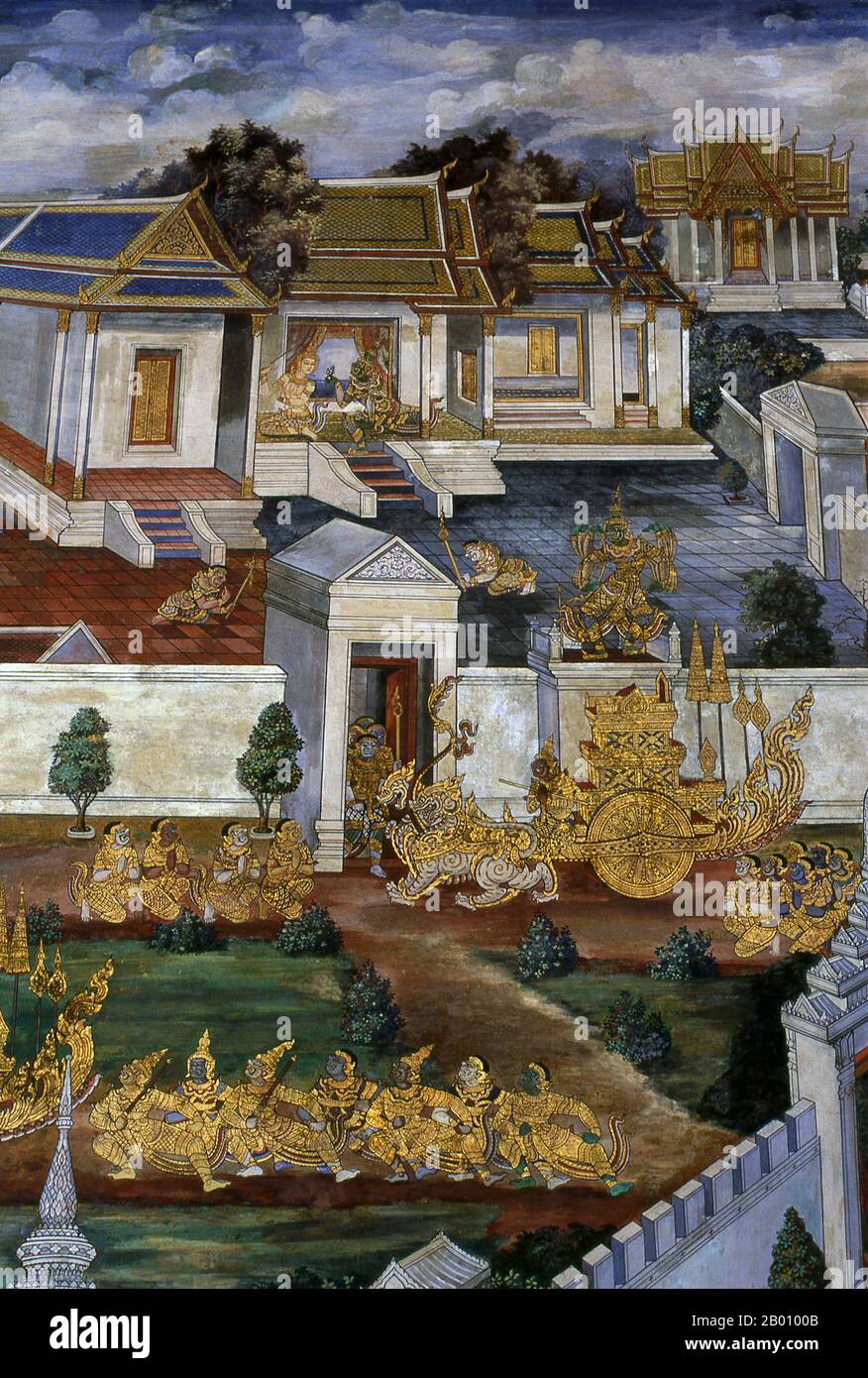 Thailandia: Hanuman trova Sita in cattività, Ramakien (Ramayana) murales, Wat Phra Kaeo (Tempio del Buddha di Smeraldo), Bangkok. Il Ramayana è una storia antica come il tempo e - almeno nel subcontinente indiano e in gran parte del sud-est asiatico - di popolarità senza pari. Più di duemila trecento anni fa lo studioso-poeta Valmiki si sedette per scrivere il suo epico definitivo di amore e guerra. Il Ramakien è la versione tailandese di questo epico e ha un'influenza importante sulla letteratura, l'arte e il dramma thailandesi. È considerato l'epica nazionale della Thailandia. Foto Stock