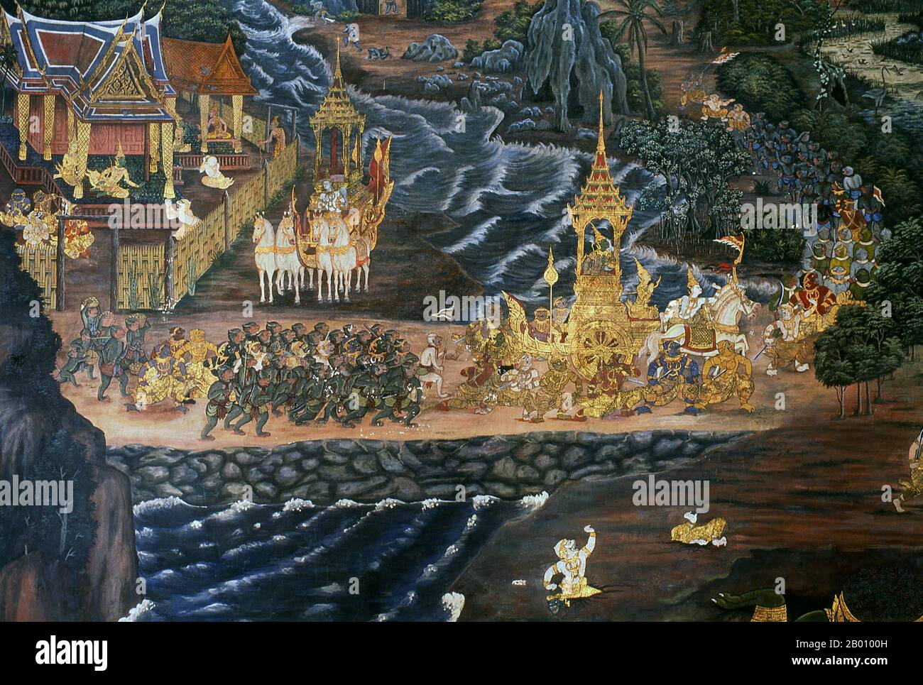 Thailandia: Avanzando in battaglia, Ramakien (Ramayana) murales, Wat Phra Kaeo (Tempio del Buddha di Smeraldo), Bangkok. Il Ramayana è una storia antica come il tempo e - almeno nel subcontinente indiano e in gran parte del sud-est asiatico - di popolarità senza pari. Più di duemila trecento anni fa lo studioso-poeta Valmiki si sedette per scrivere il suo epico definitivo di amore e guerra. Il Ramakien è la versione tailandese di questo epico e ha un'influenza importante sulla letteratura, l'arte e il dramma thailandesi. È considerato l'epica nazionale della Thailandia. Foto Stock