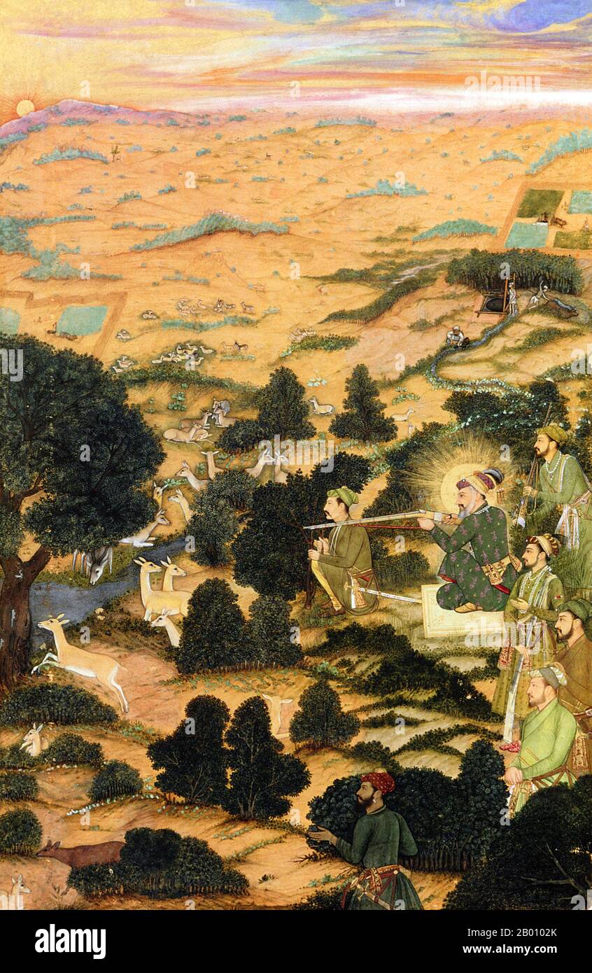 India: Una scena di caccia dal 'Padshahnamah', che racconta il regno di Shah Jahan (1626-58), 18 ° secolo. Shahab-ud-din Muhammad Khurram Shah Jahan i (1592 – 1666), o Shah Jahan, dal significato persiano ‘re del mondo’, era il quinto dominatore Mughal in India ed un favorito del suo leggendario nonno Akbar il Grande. È noto per aver commissionato la ‘Phadshahnamah’ come cronaca del suo regno e per aver costruito il Taj Mahal ad Agra come tomba di sua moglie, Mumtaz Mahal. Sotto Shah Jahan, l'Impero Mughal raggiunse la sua più alta Unione di forza e magnificenza. Foto Stock