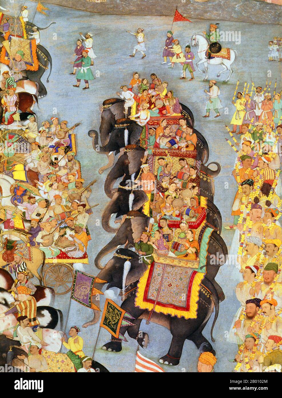 India: Una cerimonia stravagante che coinvolge musicisti, elefanti, ospiti a cavallo e servi che portano vassoi di doni alla casa della sposa del principe Dara Shikoh, l'erede apparente al trono di Mughal. Pittura di Bishandas (fl. 17 ° secolo), c.. 1656-1657. Il principe Dara Shikoh (1615-59) era il figlio maggiore e l'erede apparente dell'imperatore Mughal Shah Jahan e di sua moglie Mumtaz Mahal. Il suo nome in persiano significa ‘Darius il magnifico’ e fu favorito come successore da suo padre e da sua sorella Jahanara Begum, ma fu sconfitto dal fratello minore Aurangzeb in una lotta amara. Foto Stock