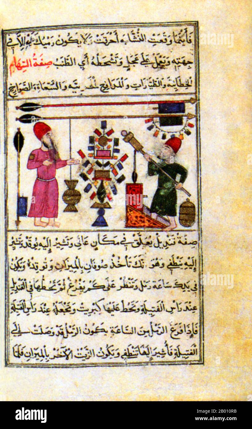 Egitto/Siria: Pagina illustrata da un manoscritto Mamluk intitolato ‘MAnual of Horsemanship’, datato 1474. Questo manoscritto è stato copiato per Jarbash al-Silahdar al-Maliki al-Ashrafi, un ufficiale di Mamluk responsabile dell'addestramento delle truppe. Include istruzioni su addestramento militare, armi da fuoco, dispositivi incendiari, artiglieria, segnalamento e equitazione. I Mamelucchi erano soldati di origine schiava che esistevano in Medio Oriente dal 9 ° al 19 ° secolo. Erano particolarmente potenti in Egitto e Siria in un periodo conosciuto come il Sultanato Mamluk (1250–1517), che notoriamente ha sconfitto i Mongoli. Foto Stock