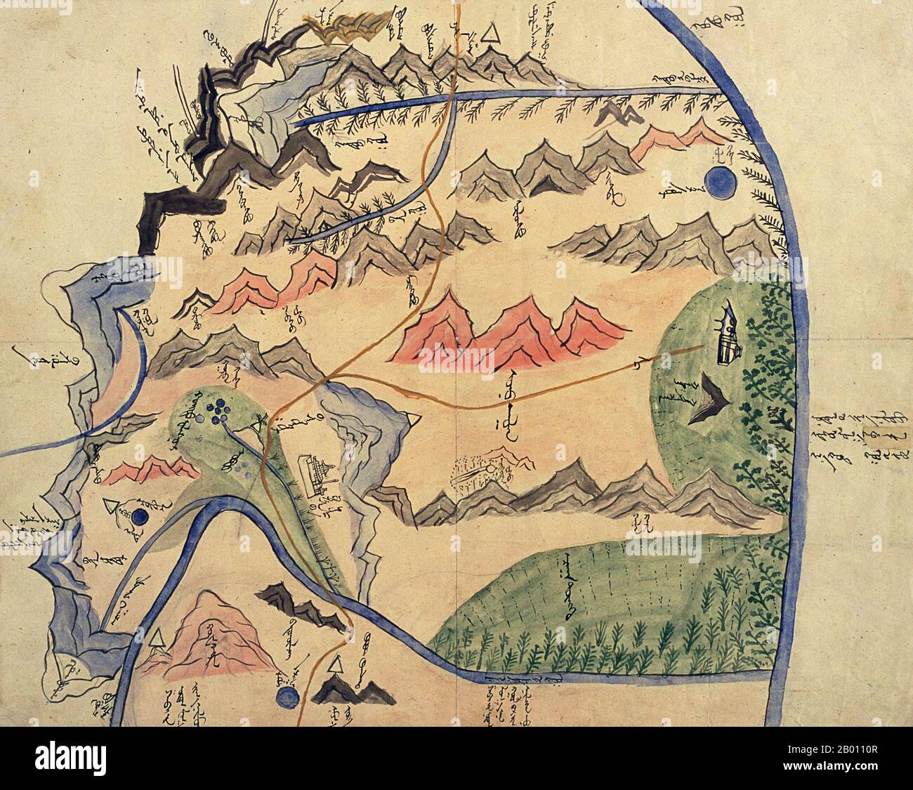 Mongolia: Mappa dell'hoshuu della pistola Jutgelt (bandiera) dell'Altai Urianhai nella Mongolia occidentale (1912-1914). Il materiale è carta cinese, il formato originale è 36x45 cm. Foto Stock