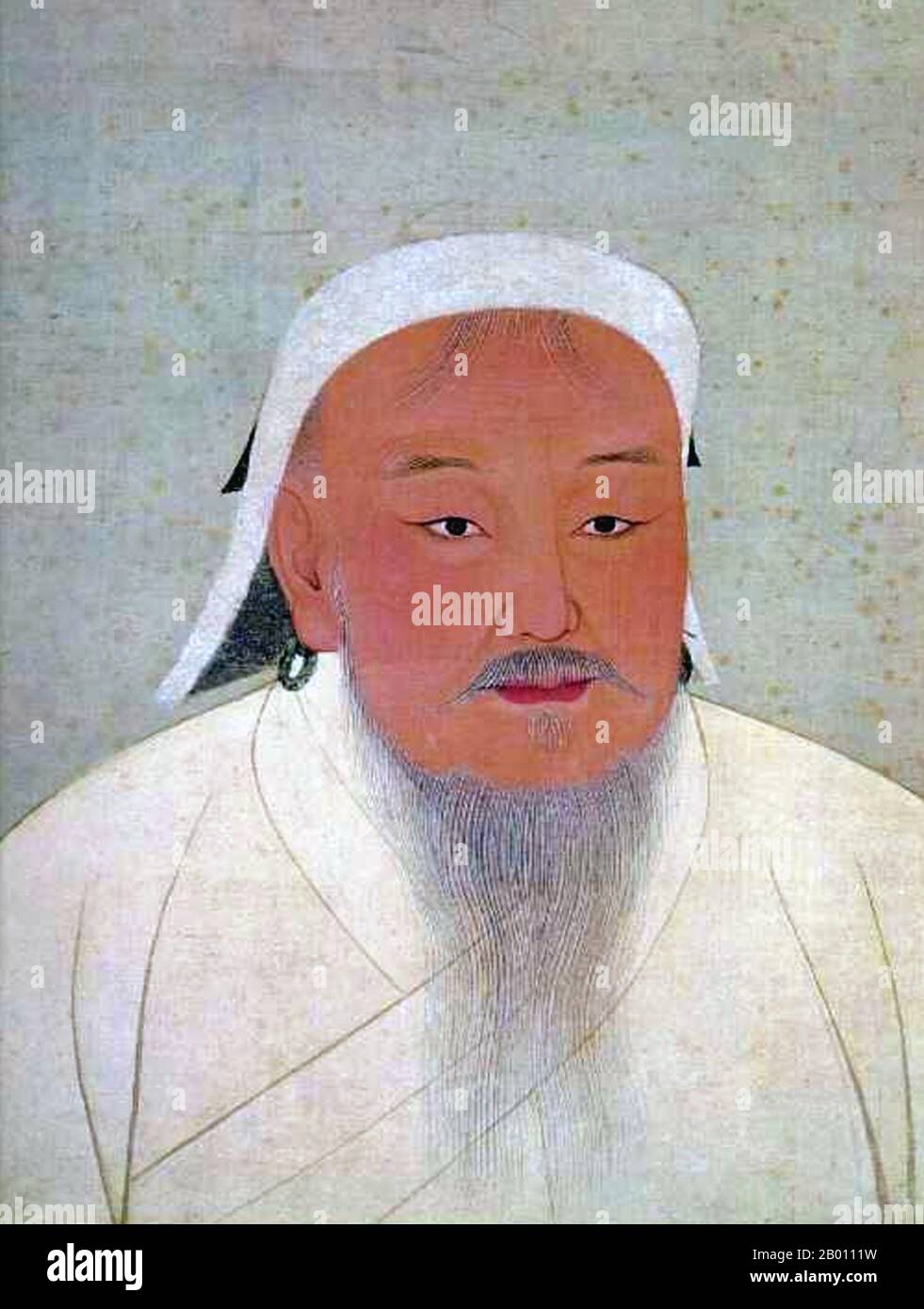 Mongolia: Genghis Khan (r. 1206-1227), 1 Khagan dell'Impero Mongolo. Inchiostro su ritratto album di seta, 14 ° secolo. Genghis Khan (1162–1227), nato Borjigin Temujin, fu il fondatore Khan (governatore) e Khagan (imperatore) dell'Impero Mongolo, che divenne il più grande impero contiguo della storia dopo la sua morte. Venne al potere unendo molte delle tribù nomadi del nord-est asiatico. Dopo aver fondato l'Impero Mongolo ed essere stato proclamato "Gengis Khan", iniziò le invasioni Mongolo che alla fine avrebbero portato alla conquista della maggior parte dell'Eurasia. Foto Stock