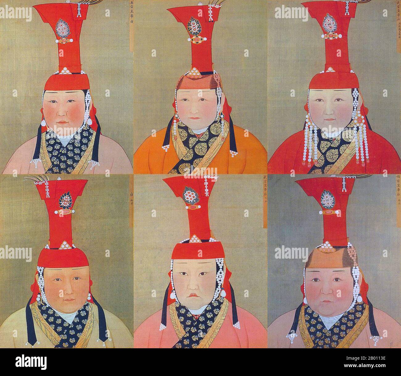 Mongolia/Cina: Un collage di sei imperatrici mongole dell'Impero della Grande Dinastia Khan/Yuan (XII-XIV secolo). Pittura e inchiostro su ritratti album di seta, 14 ° secolo. Khatun (Persiano; Turco: Hatun) è un titolo femminile di nobiltà ed equivalente al maschio 'khan' usato prominentemente nel primo Impero Turco e nel successivo Impero Mongolo. Equivale a regina o imperatrice. Foto Stock
