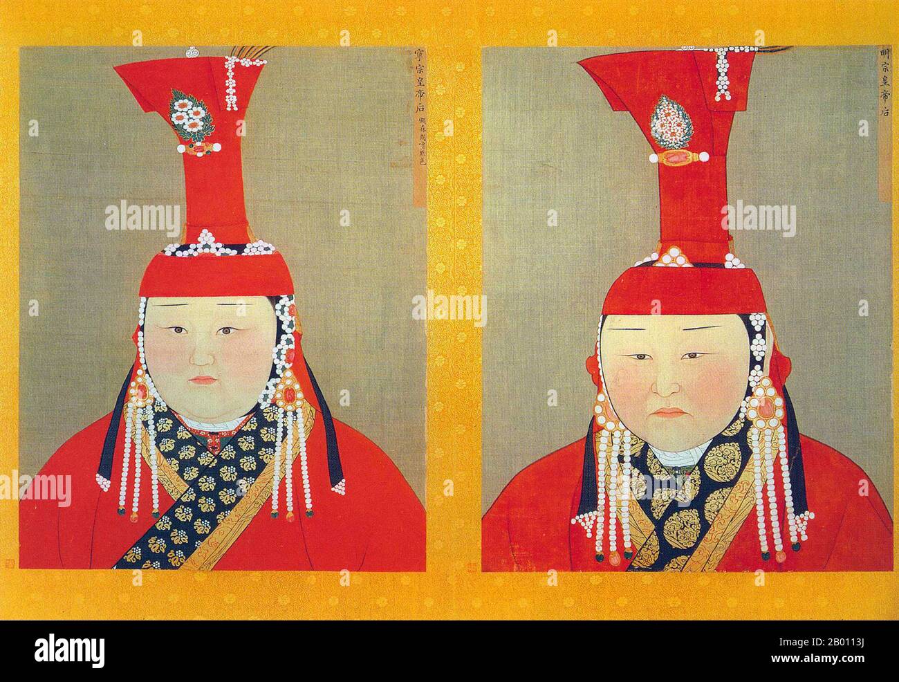 Mongolia/Cina: Due mogli senza nome di Khutughtu Khan (imperatore Mingzong) destra; e Rinchinbal Khan (imperatore Ningzong) sinistra. Pittura e inchiostro su ritratti album di seta, 14 ° secolo. Khatun (Persiano; Turco: Hatun) è un titolo femminile di nobiltà ed equivalente al maschio 'khan' usato prominentemente nel primo Impero Turco e nel successivo Impero Mongolo. Equivale a regina o imperatrice. Foto Stock
