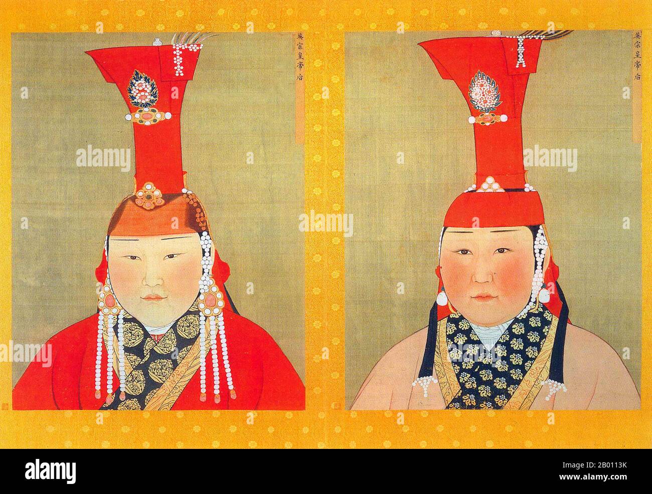 Mongolia/Cina: Due mogli senza nome di Gegeen Khan (imperatore Yingzong). Pittura e inchiostro su ritratti album di seta, 14 ° secolo. Khatun (Persiano; Turco: Hatun) è un titolo femminile di nobiltà ed equivalente al maschio 'khan' usato prominentemente nel primo Impero Turco e nel successivo Impero Mongolo. Equivale a regina o imperatrice. Foto Stock