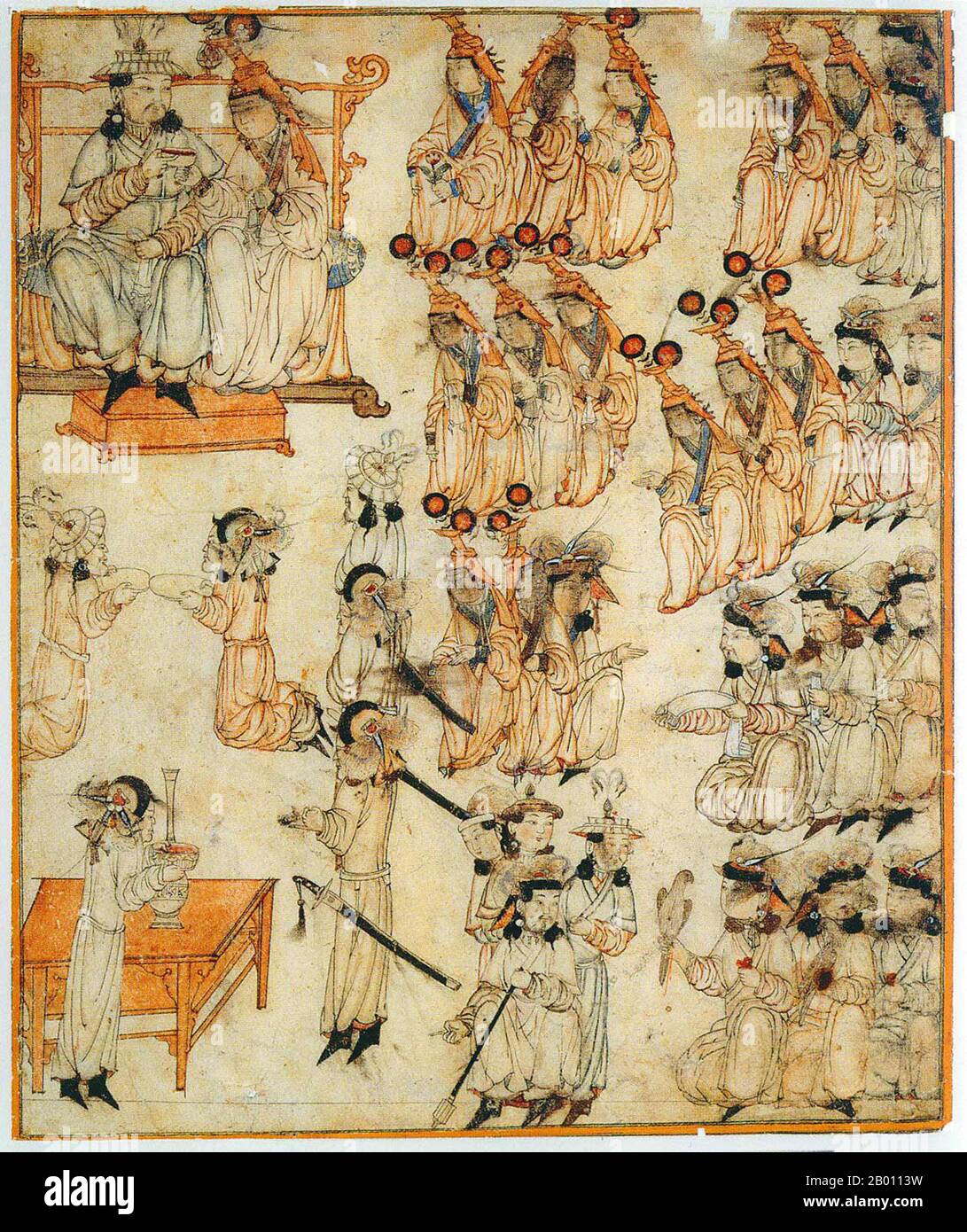 Mongolia: Intronizzazione di un Khagan mongolo. Intronizzazione di un sovrano mongolo. Parte destra di un'illustrazione di due pagine di Jami al-Tawarikh di Rashid al-DIN (1247-1318), primo quarto del XIV secolo. Foto Stock