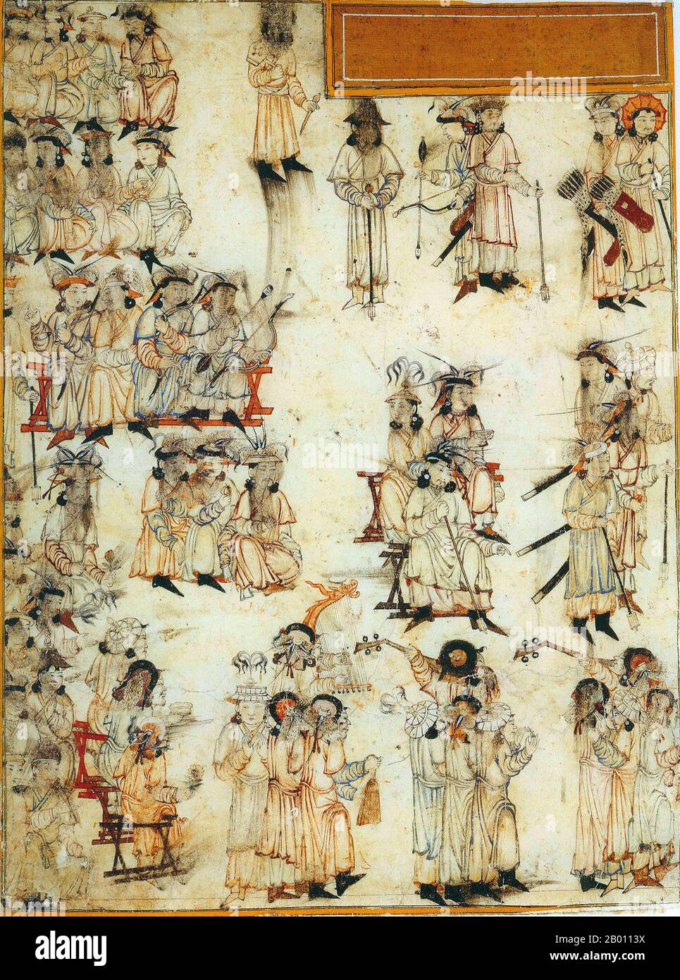 Mongolia: Intronizzazione di un Khagan mongolo. Intronizzazione di un sovrano mongolo. Parte sinistra di un'illustrazione di due pagine di Jami al-Tawarikh di Rashid al-DIN (1247-1318), primo quarto del XIV secolo. Foto Stock