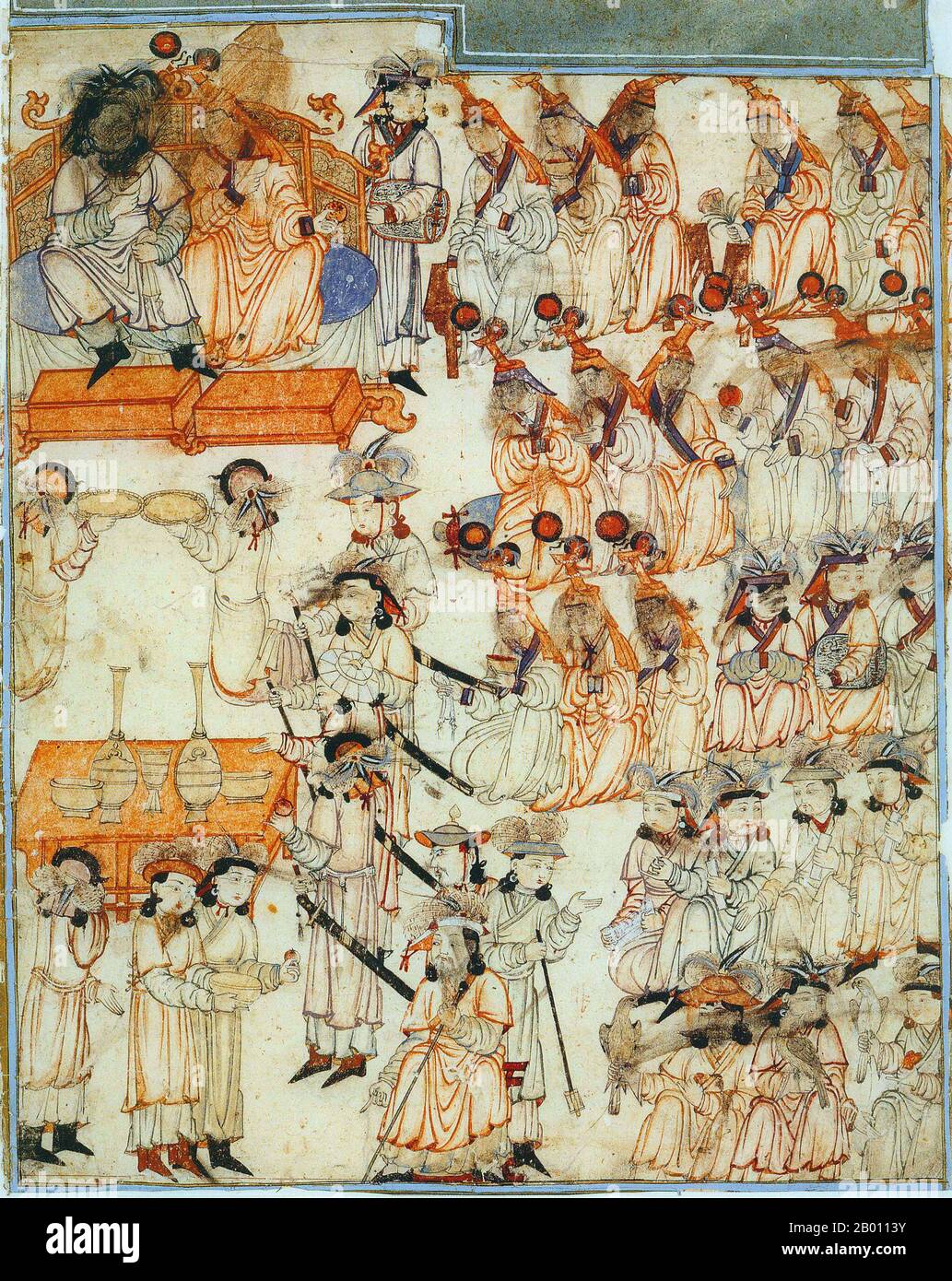 Mongolia: Intronizzazione di un Khagan mongolo. Intronizzazione di un sovrano mongolo. Parte destra di un'illustrazione di due pagine di Jami al-Tawarikh di Rashid al-DIN (1247-1318), primo quarto del XIV secolo. Alcuni volti sono stati disvolti, senza dubbio da iconoclasti musulmani. Foto Stock