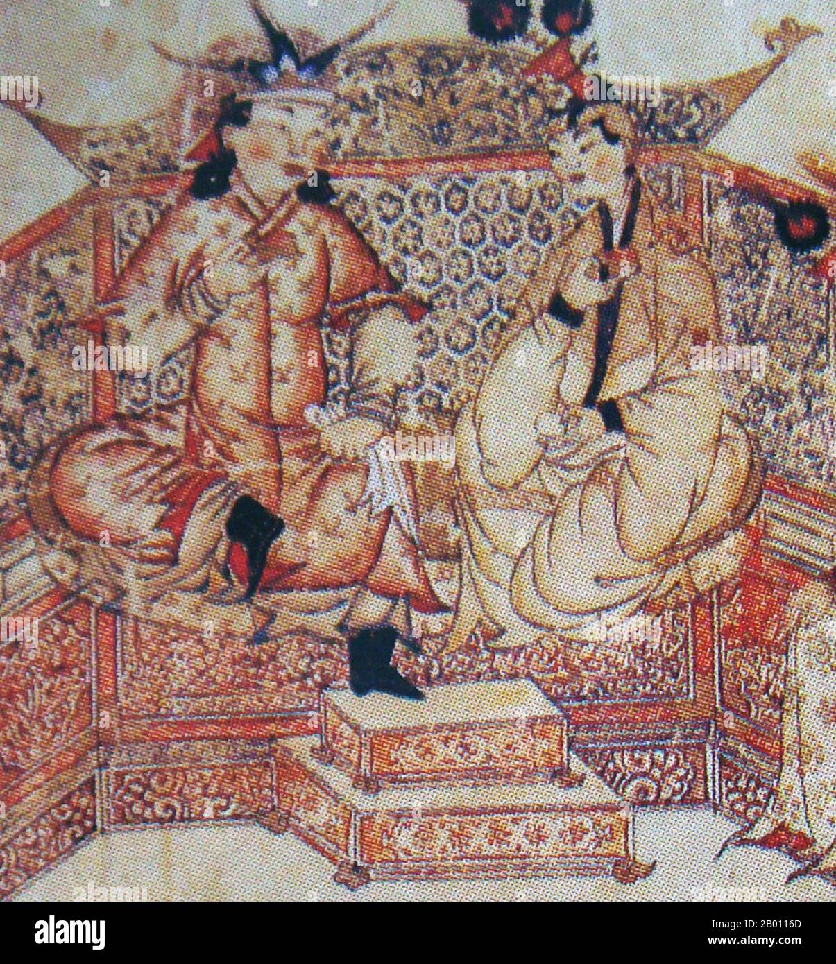 Iran/Mongolia: Ghazan Khan (r.1295-1304) con sua moglie Kokochin (Kokachin) a corte, 13 ° secolo. Kokachin era una principessa mongolo del XIII secolo della dinastia Yuan in Cina, appartenente alla tribù dei Mongol Bayaut. Nel 1291 fu tradita dall'Ilkhanate khan Arghun dal Mongol Great Khan Kublai. Ciò seguì una richiesta di Arghun al suo zio Kublai di mandargli un parente della moglie morta, e Kublai scelse il Kökötchin di 17 anni, affidando Marco Polo a lei come suo ultimo incarico. Arghun morì prima che arrivasse in Persia nel 1293, e così sposò suo figlio Ghazan. Foto Stock