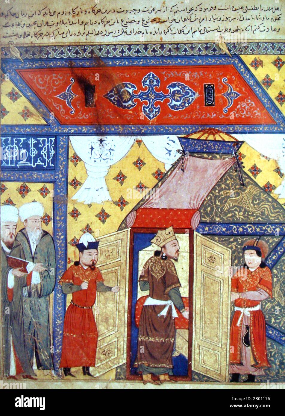 Iran/Mongolia: Scena raffigurante la conversione del Ghazan Khan (r.1295-1304) dal Buddismo all'Islam. Dipinto di Rashid al-DIN Hamadani (1237-1318), XIV secolo. Mahmud Ghazan (1271–1304) fu il settimo capo della divisione Ilkhanate dell'Impero Mongolo nell'Iran moderno dal 1295 al 1304. Era figlio di Arghun e Quthluq Khatun, continuando una linea di governanti che erano discendenti diretti di Ghis Khan. Considerato il più importante degli Ilkhans, è meglio conosciuto per aver fatto una conversione politica all'Islam nel 1295, quando prese il trono. Foto Stock