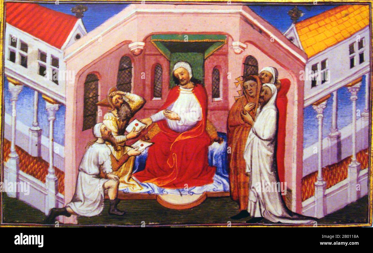 Mongolia: Il Wang Khan Toghrul in le Livre des Merveilles, 15 ° secolo. È raffigurato con l'abito di un cardinale piuttosto che con un re, e con i suoi assistenti che tengono le croci cristiane. Riceve due inviati da Genghis Khan (inginocchiato). Wang Khan, anche Ong Khan, fu il titolo assegnato al governatore Kerait Toghrul dalla dinastia Jurchen Jin della Cina. Come il resto della loro tribù, può essere stato cristiano nestoriano. Wang Khan era il fratello di sangue di Yesukhei, padre di Temujin (poi di Genghis Khan), e agì come patrono e alleato iniziale di Temujin. Foto Stock