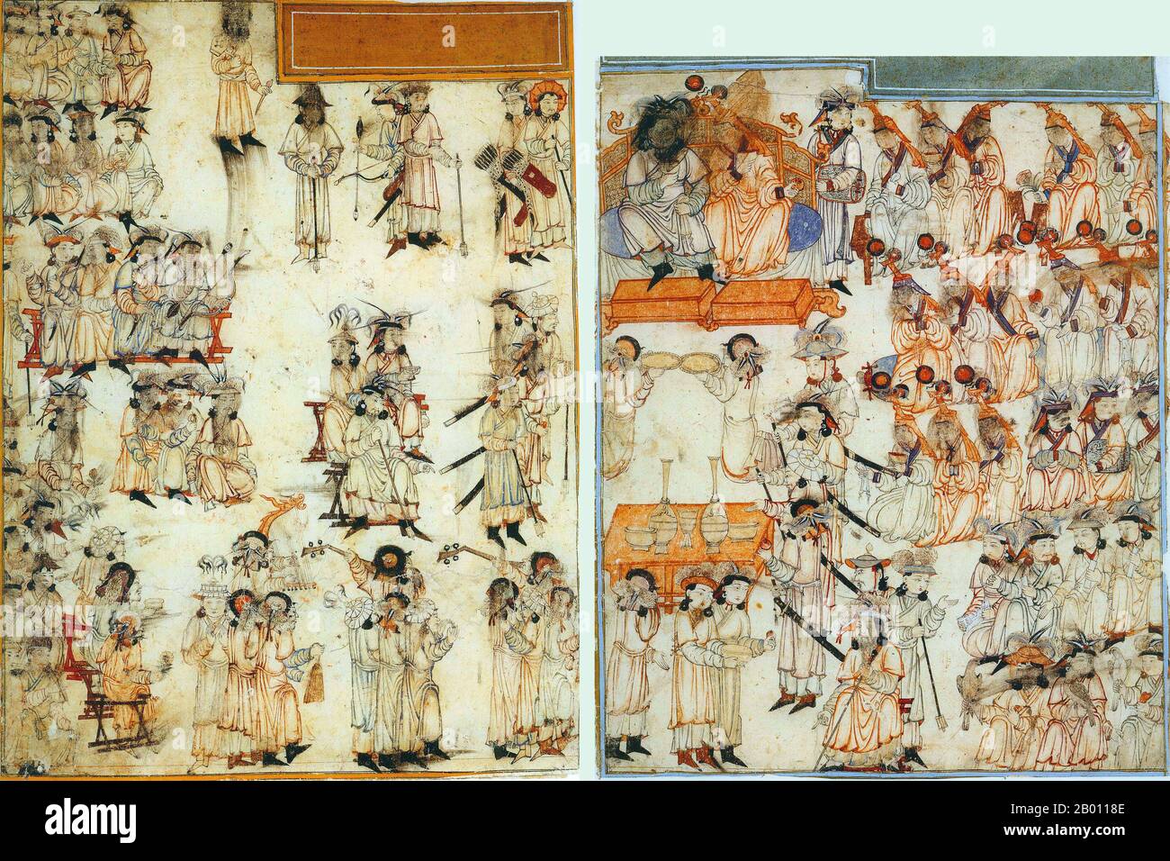 Mongolia: Intronizzazione di un Khagan mongolo, 14 ° secolo. Intronizzazione di un sovrano mongolo. Illustrazione di Rashid al-DIN (1247-1318) Jami al-Tawarikh, 1 ° quarto del 14 ° secolo. Alcuni volti sono stati disvolti, senza dubbio da iconoclasti musulmani. Foto Stock