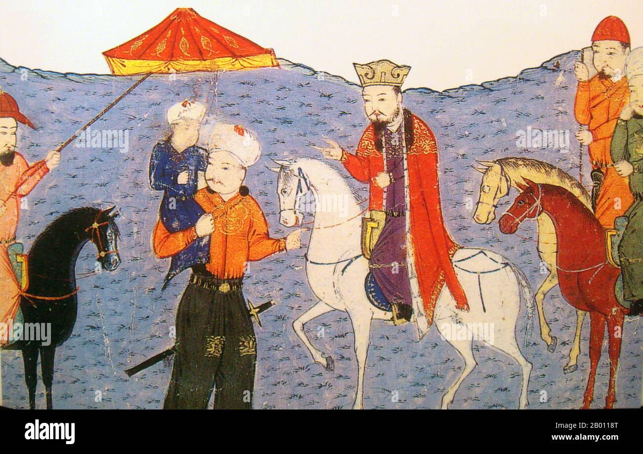 Iran/Mongolia: Ghazan Khan (r.1295-1304) da bambino, tra le braccia di suo padre Arghun, in piedi accanto al padre di Arghun Abaqa, montato su un cavallo. Illustrazione di Rashid al-DIN Hamadani (1237-1318), inizio 14 ° secolo. Mahmud Ghazan (1271–1304) fu il settimo capo della divisione Ilkhanate dell'Impero Mongolo nell'Iran moderno dal 1295 al 1304. Era figlio di Arghun e Quthluq Khatun, continuando una linea di governanti che erano discendenti diretti di Ghis Khan. Considerato il più importante degli Ilkhans, è meglio conosciuto per aver fatto una conversione politica all'Islam nel 1295 dopo la sua incoronazione Foto Stock
