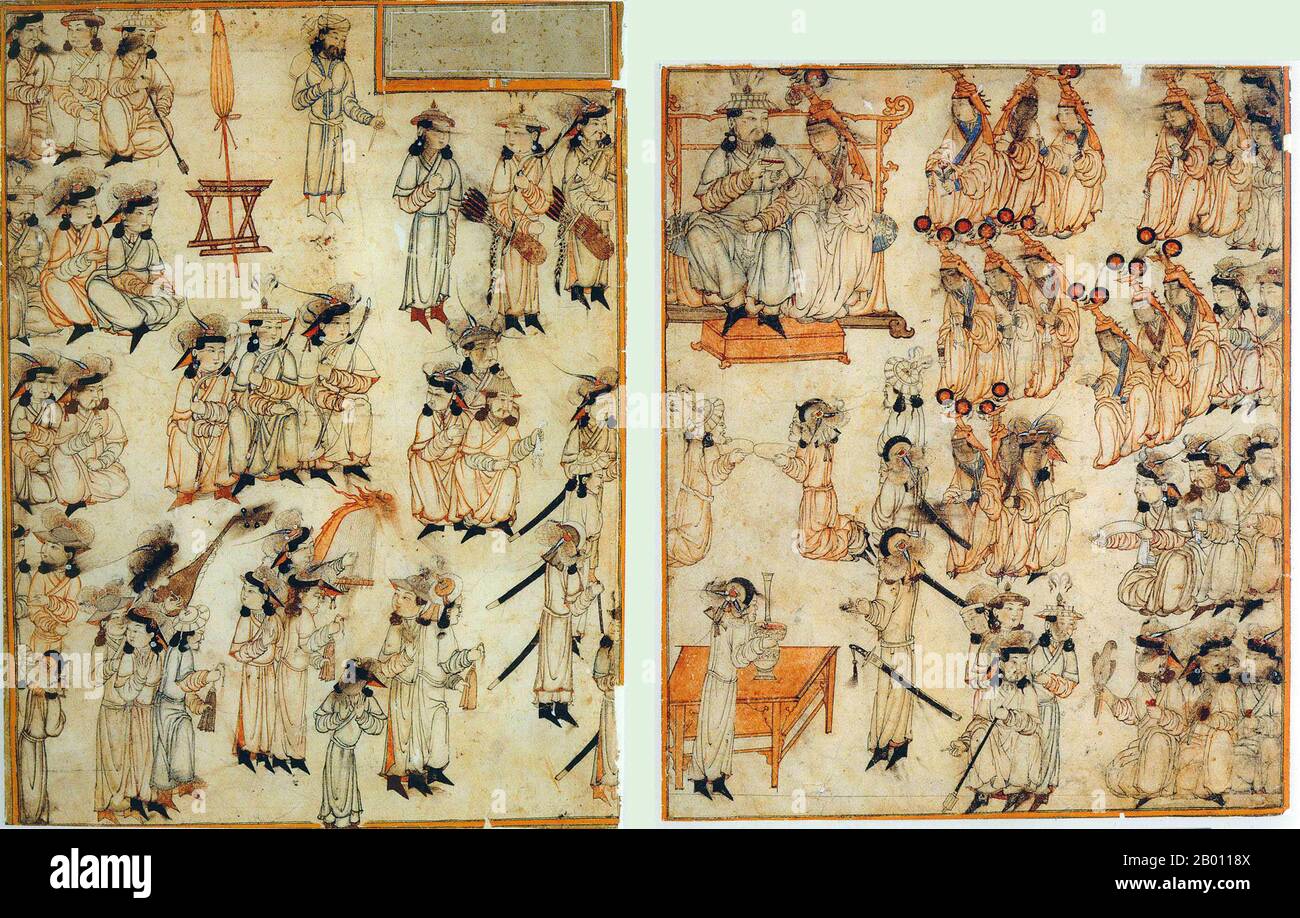 Mongolia: Intronizzazione di un Khagan mongolo, 14 ° secolo. Intronizzazione di un sovrano mongolo. Illustrazione di Rashid al-DIN (1247-1318) Jami al-Tawarikh, 1 ° quarto del 14 ° secolo. Alcuni volti sono stati disvolti, senza dubbio da iconoclasti musulmani. Foto Stock