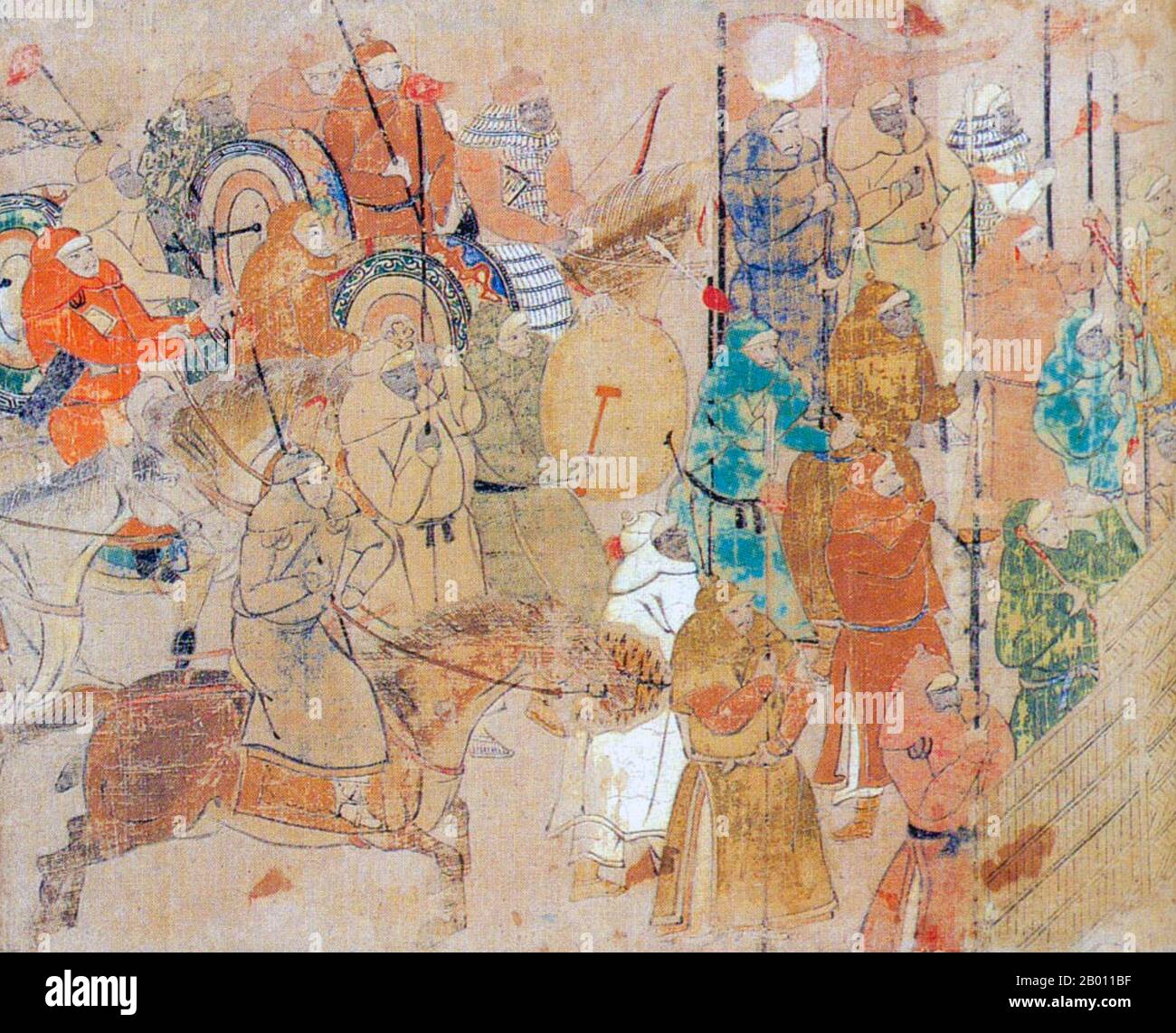 Giappone: Le truppe Yuan massaggiano per l'invasione mongolo del Giappone. Pittura dal handscroll illustrato 'Moko Shurai Ekotoba' ('conto illuminato dell'invasione mongolo'), c. 1293. Le invasioni mongolo del Giappone del 1274 e del 1281 furono le principali invasioni militari intraprese da Kublai Khan per conquistare le isole giapponesi dopo la sottomissione della Corea. Nonostante il loro ultimo fallimento, i tentativi di invasione sono di importanza storica, perché hanno fissato un limite all'espansione Mongol, e si classificano come eventi che definiscono la nazione nella storia giapponese. Foto Stock