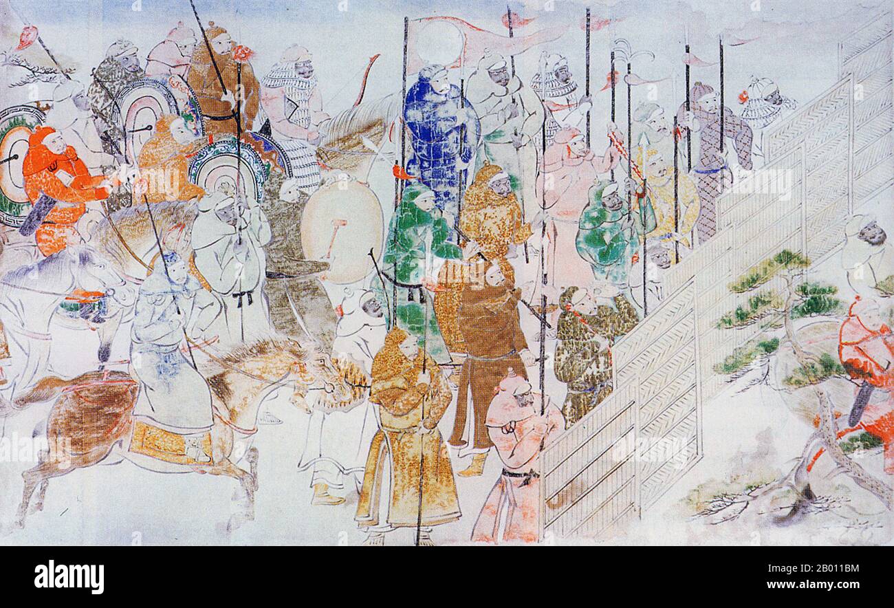 Giappone: Le truppe Yuan massaggiano per l'invasione mongolo del Giappone. Dipinto dal rotolo illustrato 'Moko Shurai Ekotoba' ('Illusted account of the Mongol Invasion'), questa copia di Fukuda Taika (fl. 19 ° secolo), 1846. Le invasioni mongolo del Giappone del 1274 e del 1281 furono le maggiori invasioni militari intraprese da Kublai Khan per conquistare le isole giapponesi dopo la sottomissione della Corea. Nonostante il loro ultimo fallimento, i tentativi di invasione sono di importanza storica, perché hanno fissato un limite all'espansione Mongol, e si classificano come eventi che definiscono la nazione nella storia giapponese. Foto Stock