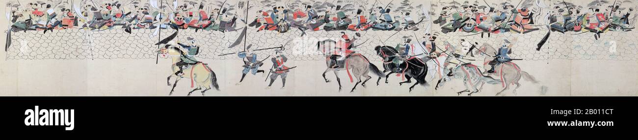 Giappone: Mongoli e giapponesi impegnati in guerra. Dipinto dal rotolo illustrato 'Moko Shurai Ekotoba' ('Illusted account of the Mongol Invasion'), questa copia di Fukuda Taika (fl. 19 ° secolo), 1846. Le invasioni mongolo del Giappone del 1274 e del 1281 furono le maggiori invasioni militari intraprese da Kublai Khan per conquistare le isole giapponesi dopo la sottomissione della Corea. Nonostante il loro ultimo fallimento, i tentativi di invasione sono di importanza storica, perché hanno fissato un limite all'espansione Mongol, e si classificano come eventi che definiscono la nazione nella storia giapponese. Foto Stock