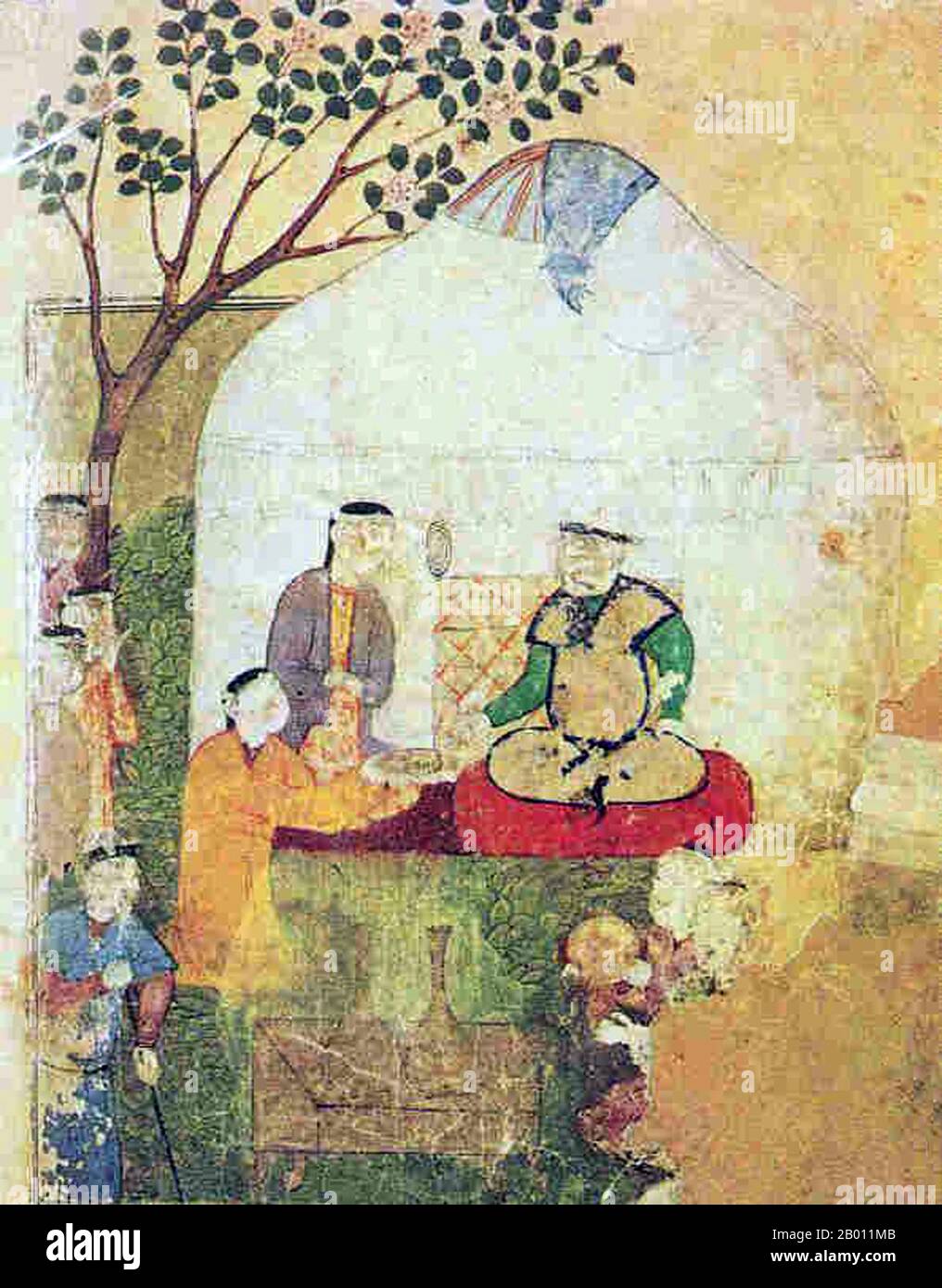 Uzbekistan: Muhammad Shaybani, Khan degli Uzbeki (1500-1510) seduto in un yurt o ger (tenda), 16 ° secolo. Abul-Fath Muhammad, conosciuto nei secoli successivi come Shaybani Khan (c.. 1451 – 2 dicembre 1510) è stato un khan degli Uzbeki (dal 1500) che ha continuato a consolidare varie tribù uzbeki e gettato le basi per la loro ascesa in Transixiana. Egli era un discendente di Genghis Khan attraverso il nipote Shayban e considerava i Timuridi come usurpers del patrimonio genghiside in Asia centrale. Il suo nome nativo turco era Shibagh ('wormwood' o 'ossidian'). Foto Stock
