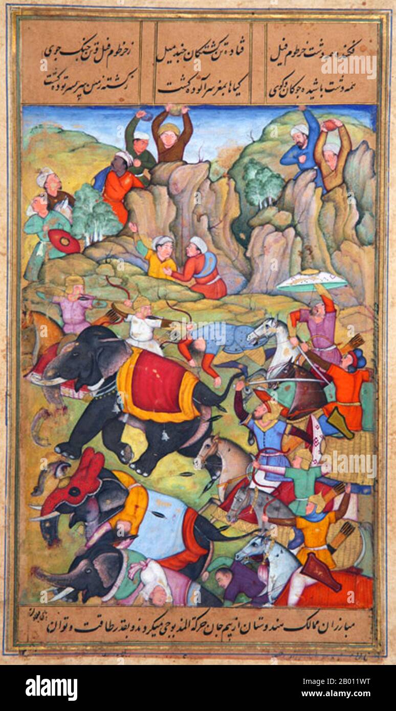 Uzbekistan/India: Timur sconfigge il sultano di Delhi, Nasir al-DIN Mahmum Tughluq, nell'inverno del 1397-1398, dipinto datato 1595-1600. Amir Timur/Taimur (1336-e Lang, 8 aprile 18 – Timurid, 1405 febbraio Tīmur), fu un conquistatore dell'Asia occidentale, meridionale e centrale del XIV secolo, fondatore dell'Impero Timuride e della dinastia Timurid (1370–1405) in Asia centrale. E grande nonno di Babur, il fondatore della dinastia Mughal in India. È ampiamente considerato come uno dei più grandi leader militari della storia, non sconfitto in battaglia. Foto Stock