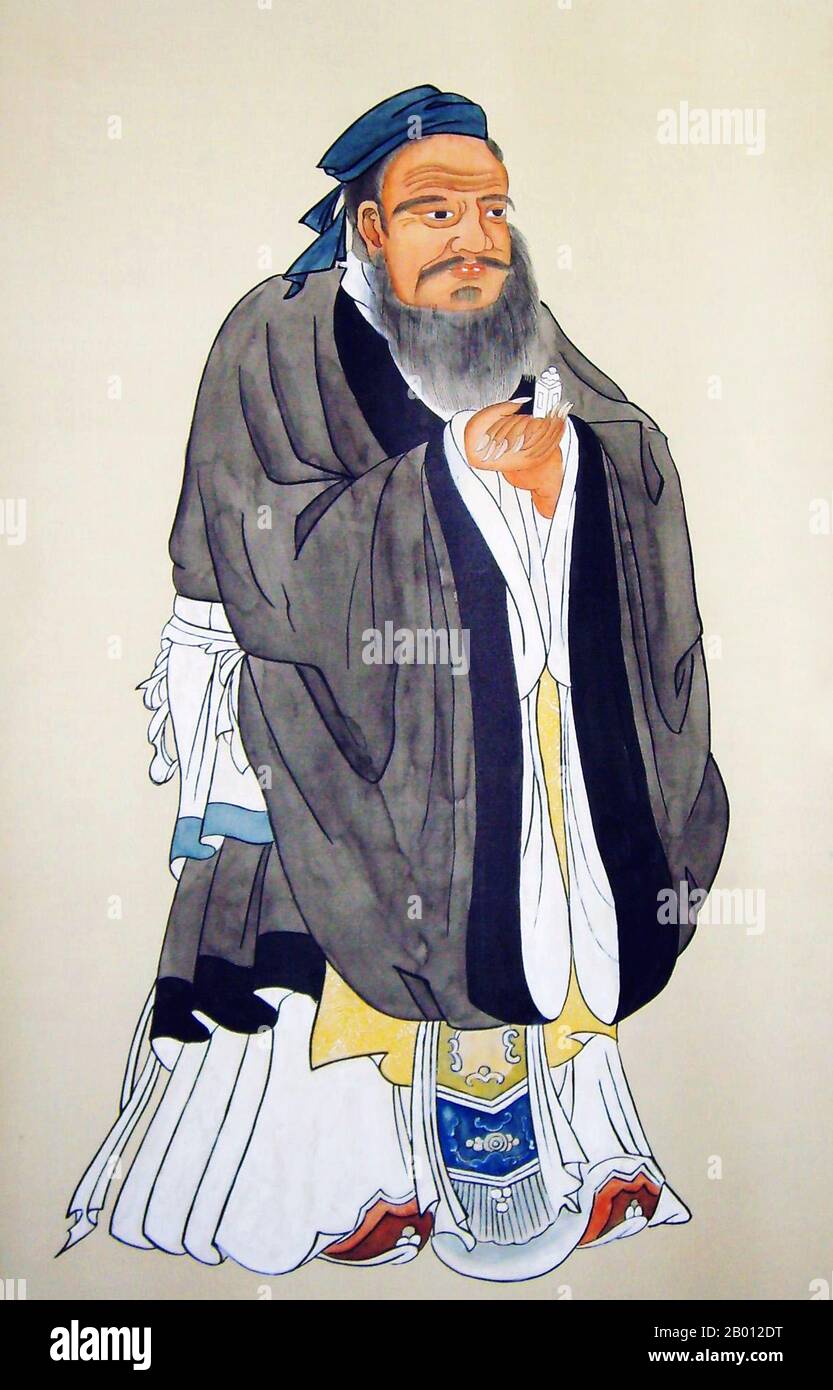 Cina: Confucio (Kong Zi, K'ung-tzu, K'ung-fu-tzu, 551–479 a.C.), filosofo cinese del periodo primaverile e autunnale. Ritratto di Qiu Ying (1494-1552), XVI secolo. La filosofia di Confucio sottolinea la moralità personale e governativa, la correttezza delle relazioni sociali, la giustizia e la sincerità. Questi valori hanno guadagnato la preminenza in Cina durante la dinastia Han(206 AC – 220 DC). I pensieri di Confucio sono stati sviluppati in un sistema di filosofia conosciuto come confucianesimo. Fu introdotto in Europa dal gesuita italiano Matteo Ricci, che fu il primo a latinizzare il nome di Confucio. Foto Stock