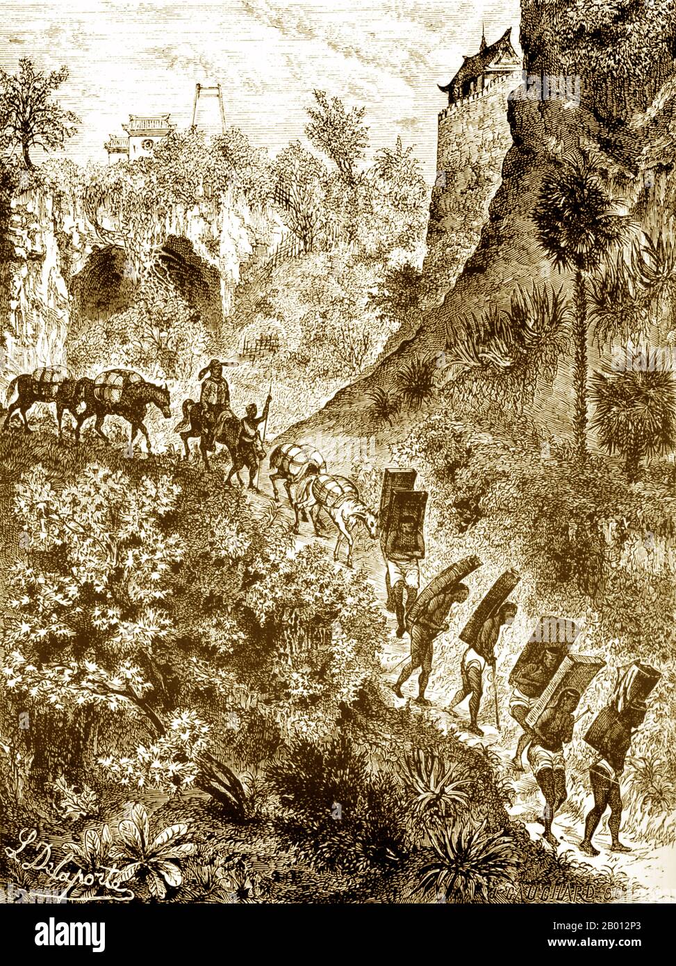 Cina: Un convoglio di commercianti e portieri su un sentiero nella provincia di Yunnan. Incisione di Louis Delaporte (1842-1925), 1868. Questo disegno di Louis Delaporte è una delle dozzine che ha disegnato durante la sua avventura biennale (1866-68) con la Commissione esplorativa di Mekong patrocinata dal Ministero della Marina Francese, la cui intenzione era quella di gettare le basi per l'espansione delle colonie francesi in Indocina. Viaggiando per il Mekong in barca, la piccola delegazione francese viaggiò da Saigon a Phnom Penh a Luang Prabang, poi più a nord nelle acque inesplorate dell'Alto Laos e della provincia cinese di Yunnan. Foto Stock
