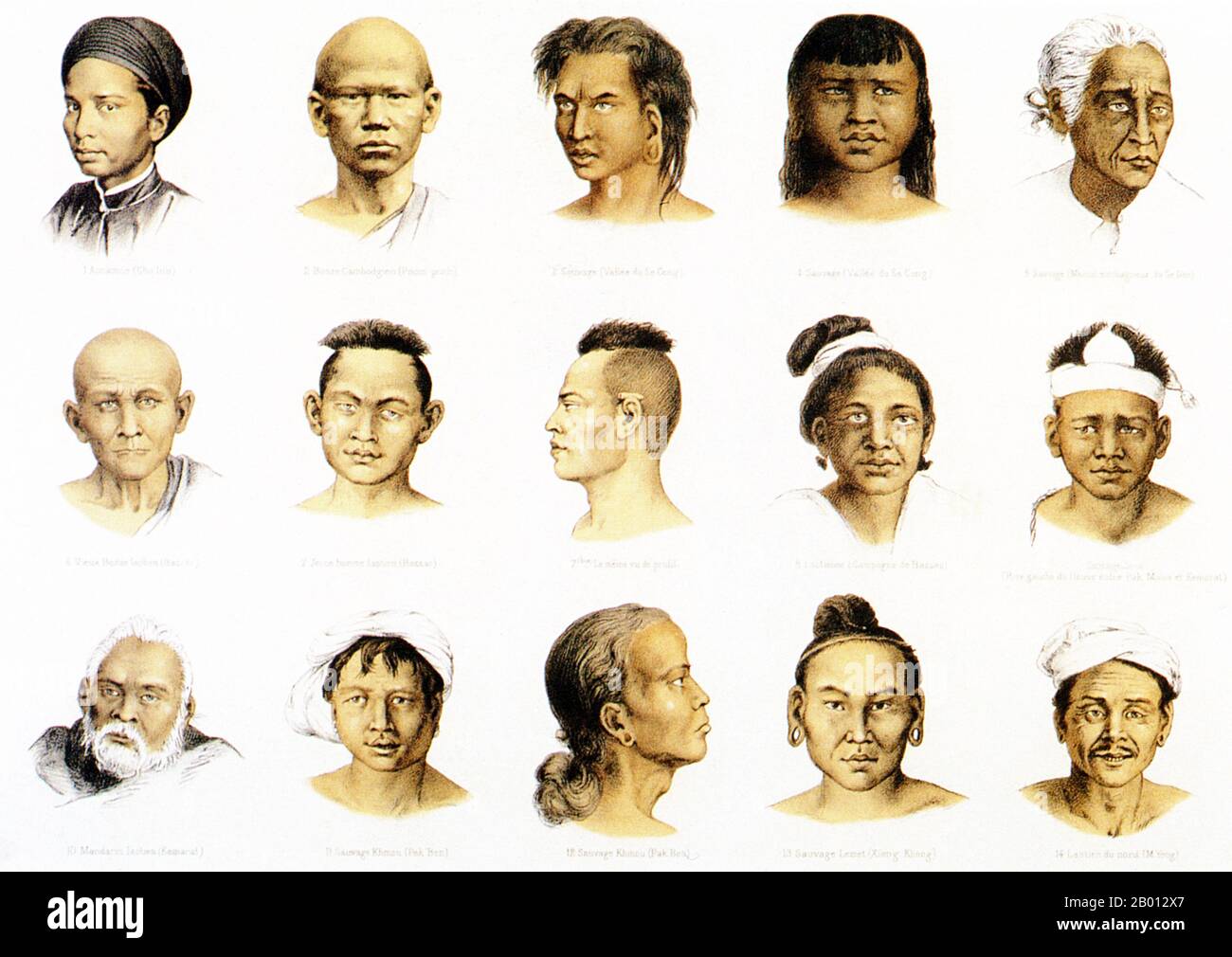 Vietnam/Cambogia/Laos: "Popolo della valle del Mekong". Incisione di Louis Delaporte (1842-1925), c.. 1866-1868. Questo disegno raffigura 13 persone (due di profilo aggiuntivo) di diversa etnia che una spedizione francese ha incontrato nella valle del Mekong dal 1866 al 1868. A partire dal Vietnam, la donna in alto a sinistra proviene da Annam (Vietnam centrale). Spostandosi geograficamente verso l'alto sul Mekong, l'artista ha abbozzato ritratti di persone etniche nel sud del Vietnam, Cambogia, all'uomo in un turbante bianco (in basso a destra) dall'Alto Laos. Foto Stock