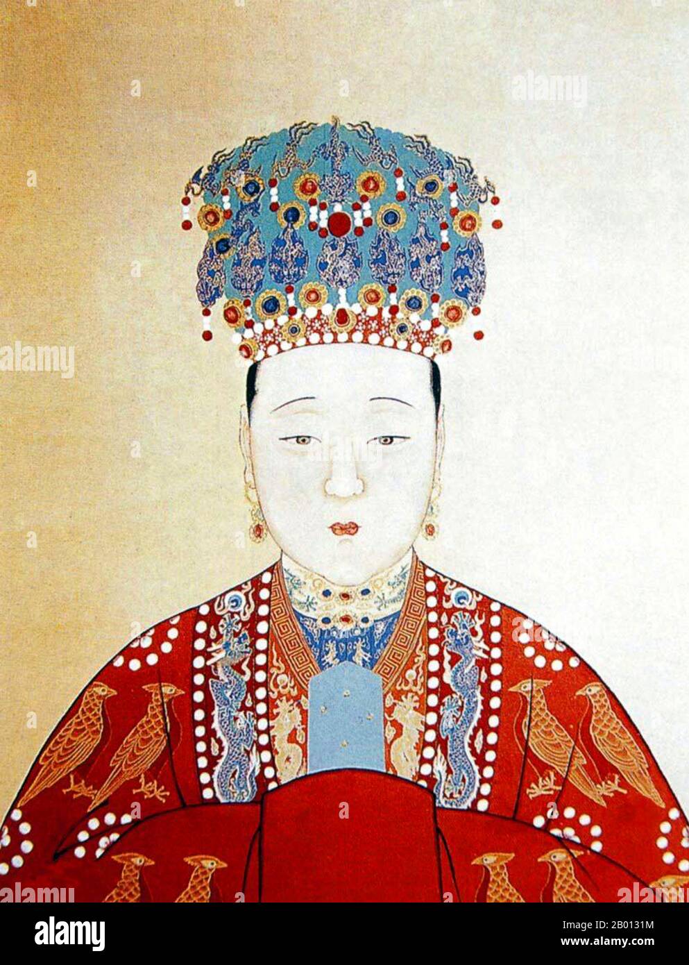 Cina: Imperatrice Xiao Duan Xian (1565-1620), consorte del 14° imperatore Ming Wanli (r. 1572-1620). Pittura a chiocciola sospesa, XVI-XVII secolo. L'imperatrice Xiaoduanxian (morto nel 1620), nome personale Wang Xijie, fu la consorte dell'imperatore Wanli Wanli sulla dinastia Ming. Non gli portava figli, era conosciuta per la sua solenne maniera, la pietà filiale e la crudeltà estrema ai suoi servi, spesso avendo le sue schiere picchiate, talvolta a morte. Divenne la più lunga consorte di imperatrice nella storia cinese. Foto Stock