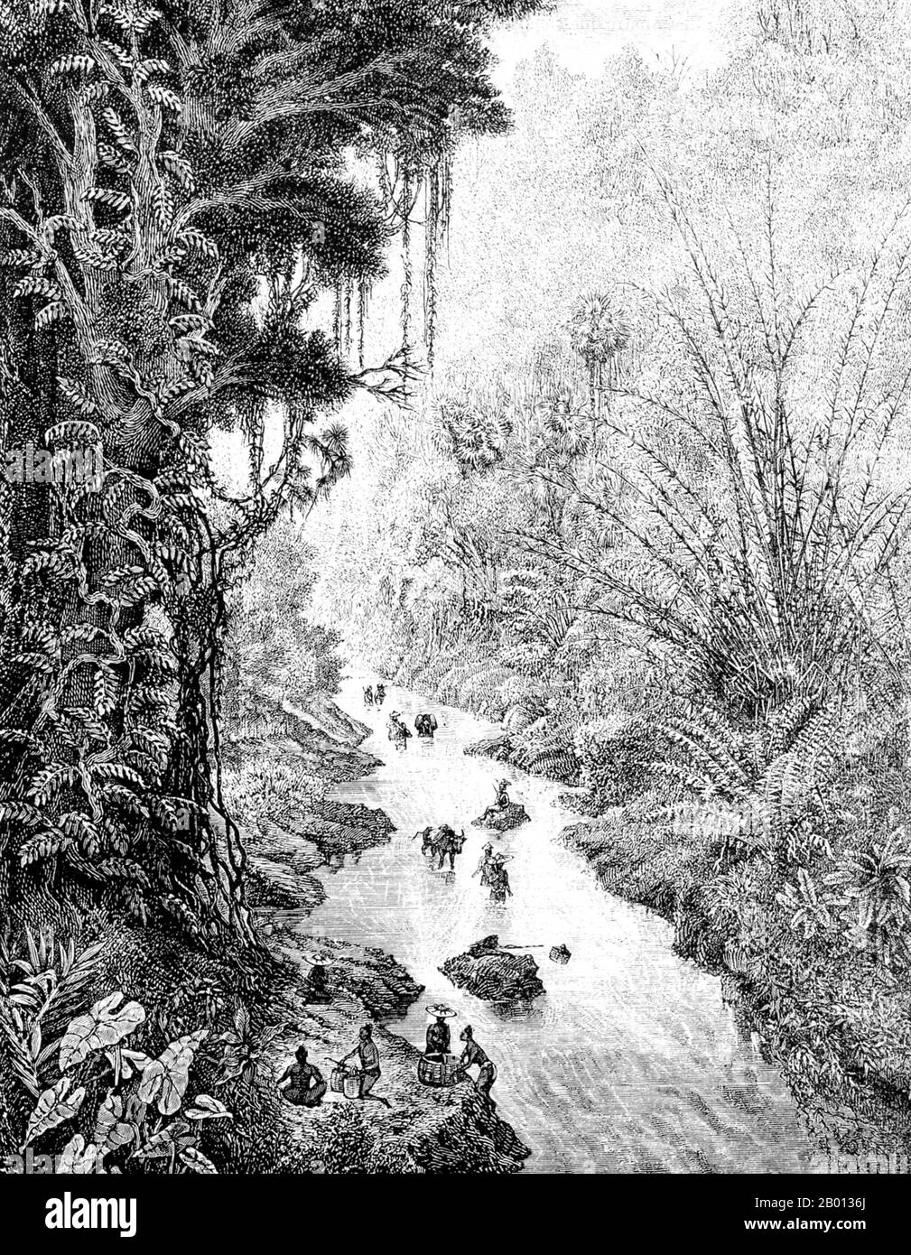 Birmania/Myanmar: Una spedizione francese si diresse verso ovest dal fiume Mekong su una gola verso Yong nello Stato di Shan. Incisione di Louis Delaporte (1842-1925), 1867. Questa illustrazione era una delle dozzine prodotte da Louis Delaporte durante un'impresa biennale (1866-68) con la Commissione esplorativa di Mekong, l'intenzione di porre le basi per l'espansione delle colonie francesi in Indocina. Di questa tappa del viaggio nel luglio 1867, un espediente scrisse più tardi: 'Una [doccia] era così pesante che presto penetrò il tetto fragile di foglie e furono ubriacate sotto le loro coperte...' Foto Stock