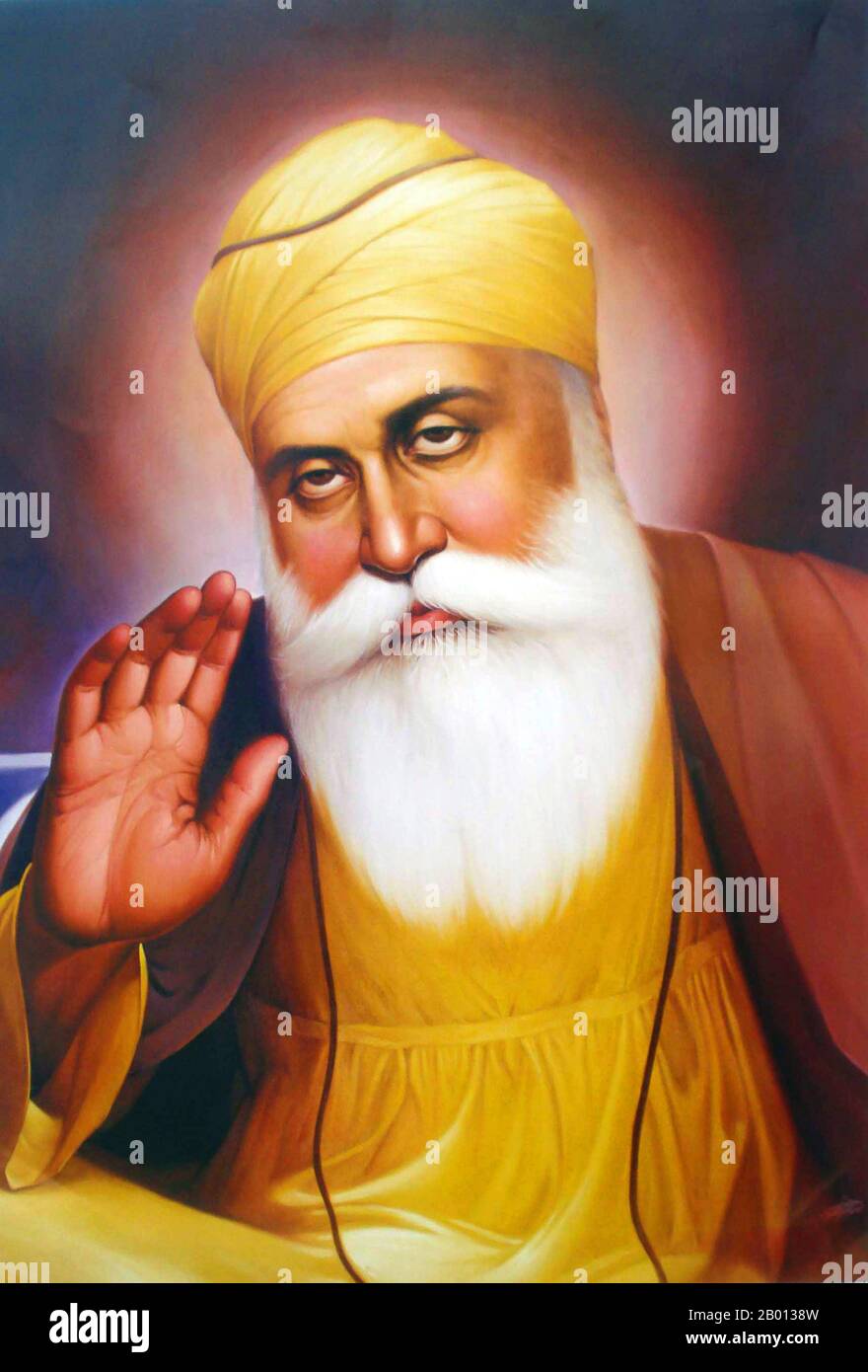 India: Guru Nanak Dev (15 aprile 1469 – 22 settembre 1539), il primo dei dieci Guru Sikh (1469-1539). Il guru Nanak (1469-1539), conosciuto anche come Baba Nanak, fu il fondatore della religione del Sikhismo e il primo dei dieci Guru sikh. I Sikh credono che tutti i Guru successivi possedessero la divinità e l'autorità religiosa di Guru Nanak. Si dice che abbia viaggiato in tutta l'Asia, insegnando il messaggio di 'ik onkar' ('un Dio'), 'la verità Eterna'. Foto Stock