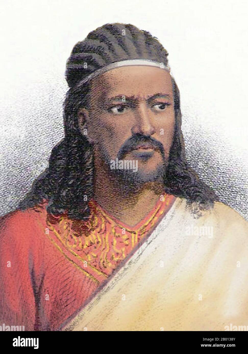 Etiopia: Tewodros II (14 gennaio 1818 - 14 aprile 1868), Imperatore d'Etiopia (r. 1855-1868). Verticale, c. 1860 Tewodros/Teodoro II (1818–1868), battezzato come Sahle Dingil, fu l'Imperatore (ATSE) dell'Etiopia dal 1855 fino alla sua morte. Nacque Kassa Haile Giorgis, ma fu più regolarmente chiamato Kassa Hailu. La sua regola è spesso posta come l'inizio della moderna Etiopia, mettendo fine al Mesafint Zemene decentralizzato (era dei principi). Foto Stock