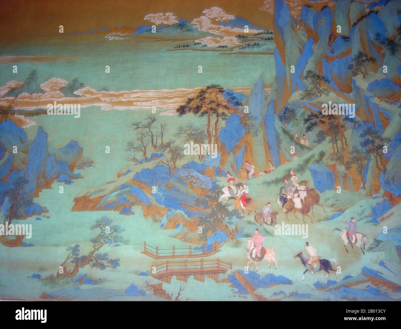 Cina: 'Viaggio a Shu'. Particolare della pittura a mano di Qiu Ying (1494-1552), 16 ° secolo. Questa sezione di una pittura a mano molto più grande della dinastia Ming (1368-1644) su seta mostra Tang Minghuang, o imperatore Xuanzong di Tang (685-762), in fuga dalla capitale Chang'an e la violenza della ribellione An Shi che ha cominciato nell'anno 756 durante la dinastia di metà Tang. Foto Stock