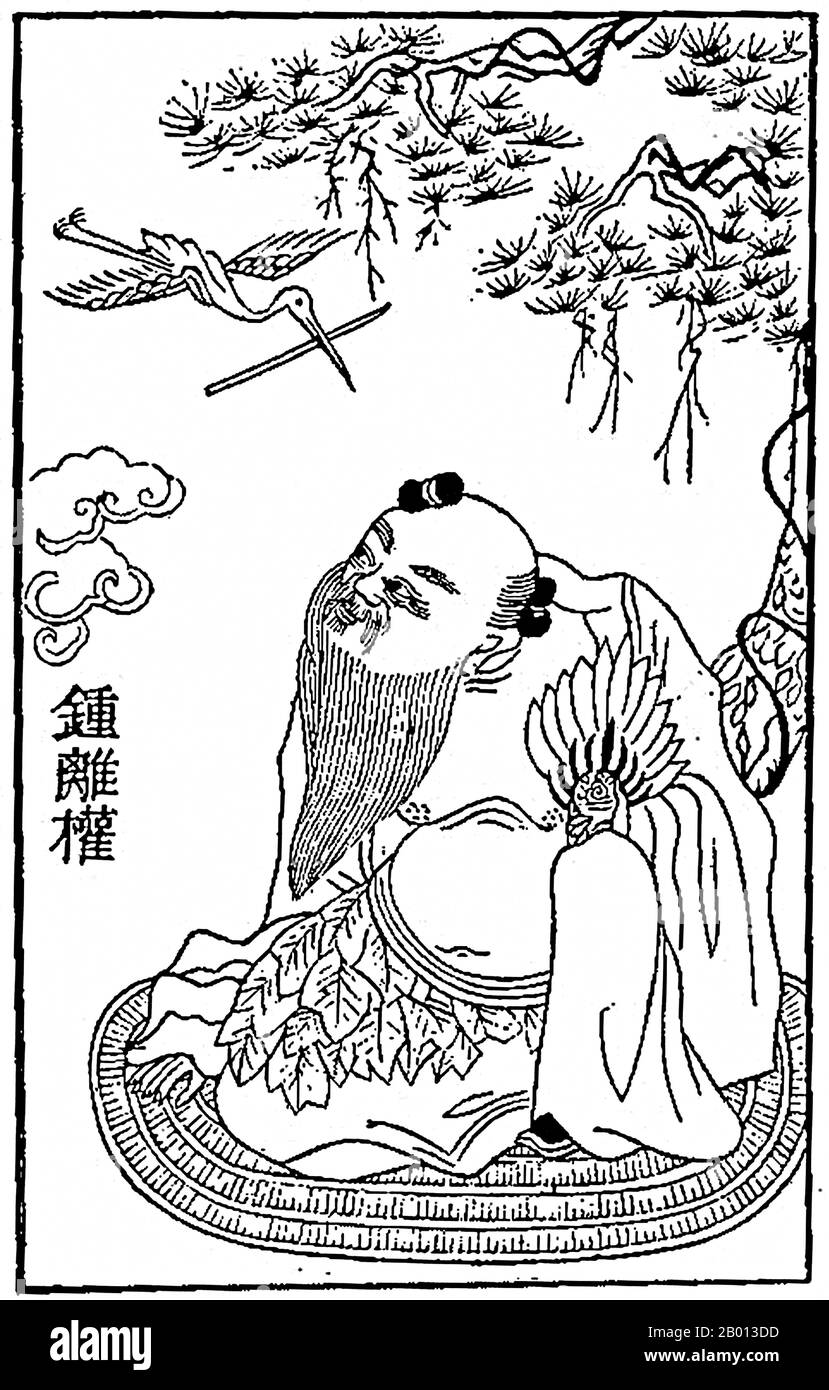 Cina: Zhongli Quan, uno dei Daoisti 'otto Immortali'. Si dice che sia nato durante la dinastia Han. Possiede un ventilatore che ha la capacità magica di ravvivare i morti. Illustrazione, c. 1916. Gli otto Immortali (cinese: Baxian; Pa-hsien) sono un gruppo di "xian" (immortali; trascendenti; fate) leggendari nella mitologia cinese. Il potere di ogni immortale può dare vita o distruggere il male. Si dice che la maggior parte di loro sia nata nella Dinastia Tang o nella Dinastia Song. Sono venerati nel Daoismo (Taoismo) e sono anche un elemento popolare nella cultura secolare cinese. Foto Stock