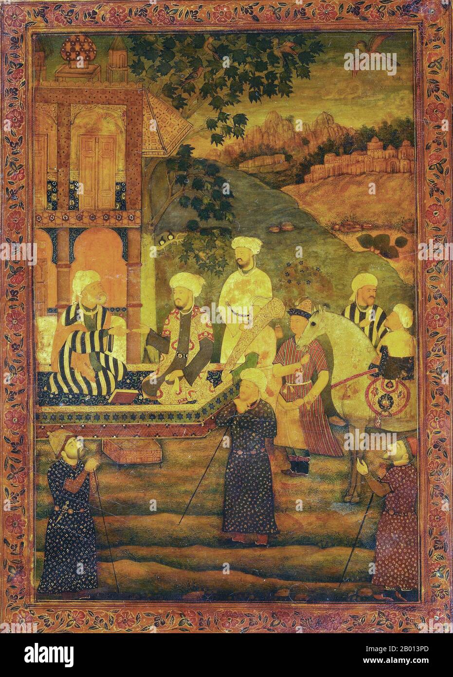 India: 'Un principe che visita un Dervish che ha abbandonato il suo modo di vita'. Pittura in miniatura laccata di Abid (fl. 1600), dal 'Gulistan' di Sadi per l'imperatore Mughal Jahangir (r. 1605-1627), c. 1610 Nur-ud-din Salim Jahangir (20 settembre 1569 – 8 novembre 1627) fu il governatore dell'Impero Mughal dal 1605 fino alla sua morte. Il nome Jahangir è persiano che significa 'Conquistatore del mondo'. Nur-ud-din o Nur al-DIN è un nome arabo che significa: "Luce della fede". Nato come Principe Muhammad Salim, era il terzo e il più grande figlio sopravvissuto dell'imperatore Mogul Akbar. Foto Stock
