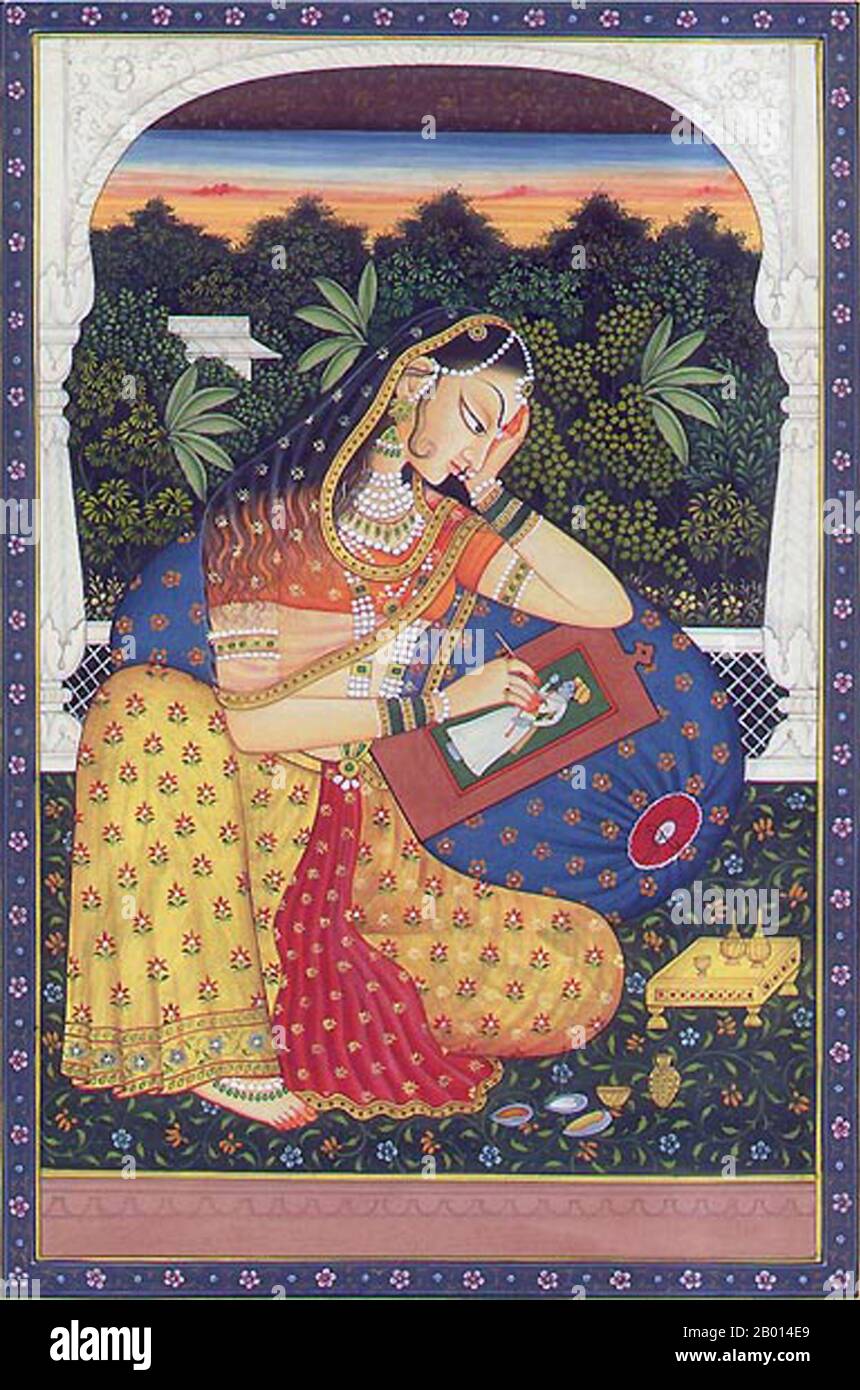 India: Radha raffigurato in un dipinto del 19 ° secolo dal Rajasthan. Radha, chiamata anche Radhika, Radharani e Radhikarani, è l'amico e amante dell'infanzia di Krishna nella Bhagavata Purana, e la gita Govinda delle tradizioni Vaishnava dell'Induismo. Radha è quasi sempre raffigurato insieme a Krishna e si caratterizza in modo preminente all'interno della teologia dell'odierna setta di Gaudiya Vaishnava, che considera Radha come la Dea originale o Shakti. Radha è anche il principale oggetto di culto nella Nimbarka Sampradaya. Foto Stock