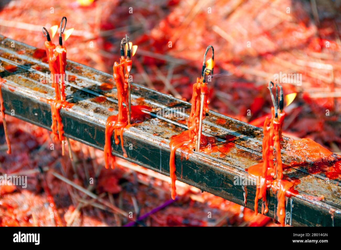 Cina: Le candele bruciano nel Qingyang Gong (Tempio di capra Verde), Chengdu, provincia di Sichuan. Qingyang Gong Shi (Green Goat Palace Temple) è il più antico e più grande tempio Daoista nel sud-ovest della Cina. Si trova nella parte occidentale della città di Chengdu. Originariamente costruito nella prima Dinastia Tang (618-907), questo tempio è stato ricostruito e riparato molte volte. Gli edifici esistenti sono stati costruiti per la maggior parte durante la dinastia Qing (1644-1911). Secondo la leggenda, Qing Yang Gong è detto essere il luogo di nascita del fondatore del Taoismo, Lao Tsu / Laozi, ed è dove ha dato il suo primo sermone. Foto Stock