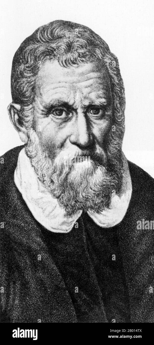 Italia/Cina: Incisione di un anziano Marco Polo (15 settembre 1254 - 8 gennaio 1324), c.. 1600. Nato a Venezia, Marco Polo fu cresciuto dalla zia e dallo zio dopo la morte della madre. Suo padre, Niccolo, era un mercante veneziano che partì prima che Marco nascesse per commerciare in Medio Oriente. Nel 1269, Niccolo e suo fratello Maffeo tornarono a Venezia, incontrando Marco per la prima volta. Nel 1271, Marco Polo, di 17 anni, si recò in Asia con suo padre e suo zio, viaggiando attraverso Costantinopoli, Baghdad, Persia, Kashgar, Cina e Birmania. Tornarono a Venezia 24 anni dopo con molte ricchezze. Foto Stock