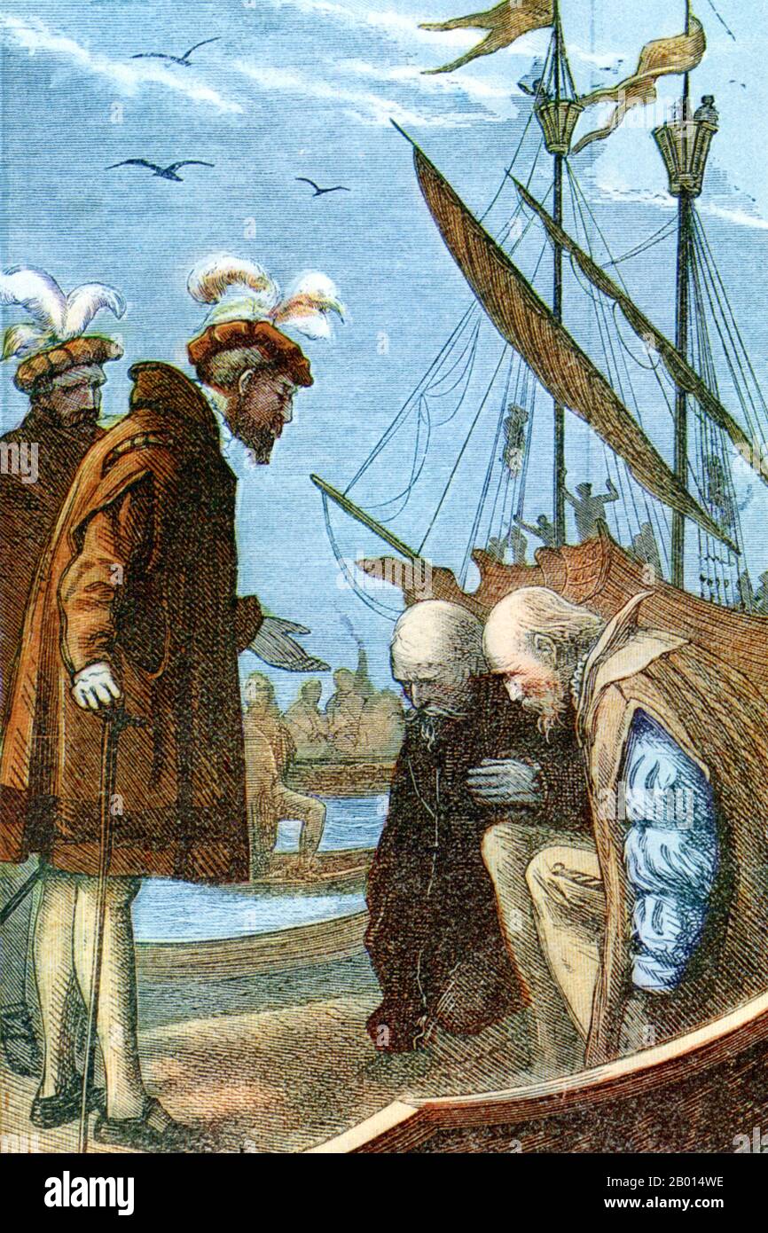 Portogallo/India: Re Manuel i del Portogallo (31 maggio 1469 - 13 dicembre 1521) accoglie Vasco da Gama (1460/1469 – 24 dicembre 1524) a Lisbona nel settembre 1499 dopo che da Gama era tornato dal suo primo viaggio in India. Incisione colorata, c. 1904 Vasco da Gama fu un esploratore portoghese, uno dei più riusciti nell'era della scoperta, e comandante delle prime navi a navigare direttamente dall'Europa all'India. Sotto il regno di re Manuel i, il Portogallo scoprì il Brasile nel 1500. Nel frattempo, da Gama salpò da Lisbona l'8 luglio 1497, e sbarcò infine a Calicut in India il 20 maggio 1498. Foto Stock