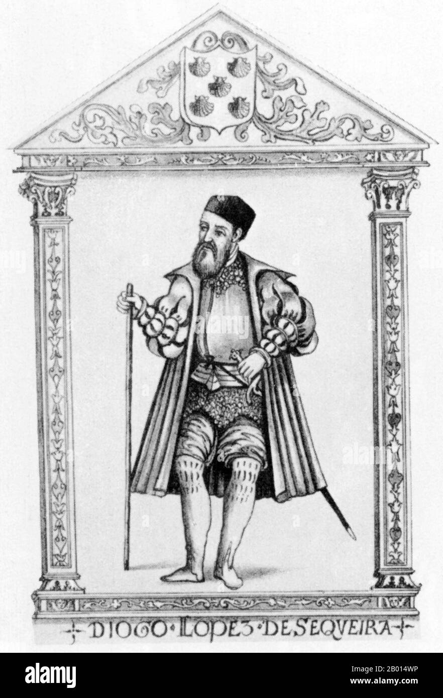 Portogallo/Malesia: Diego Lopez de Sequeira (1465-1530), comandante della prima flotta portoghese a Malacca nel 1509. Illustrazione, c. xvi-xvii secolo. Diego Lopes de Sequeira era un portoghese fidalgo o ‘conquistador’, inviato per analizzare il potenziale commerciale in Madagascar e Malacca. Arrivò a Malacca in Malesia nel settembre del 1509, ma partì l'anno successivo quando scoprì che il sultano Mahmud Shah, il governatore locale, stava tracciando il suo assassinio. Sequeira fu successivamente nominato governatore dell'India portoghese (1518-1522), e condusse una campagna militare nel Mar Rosso nel 1520. Foto Stock