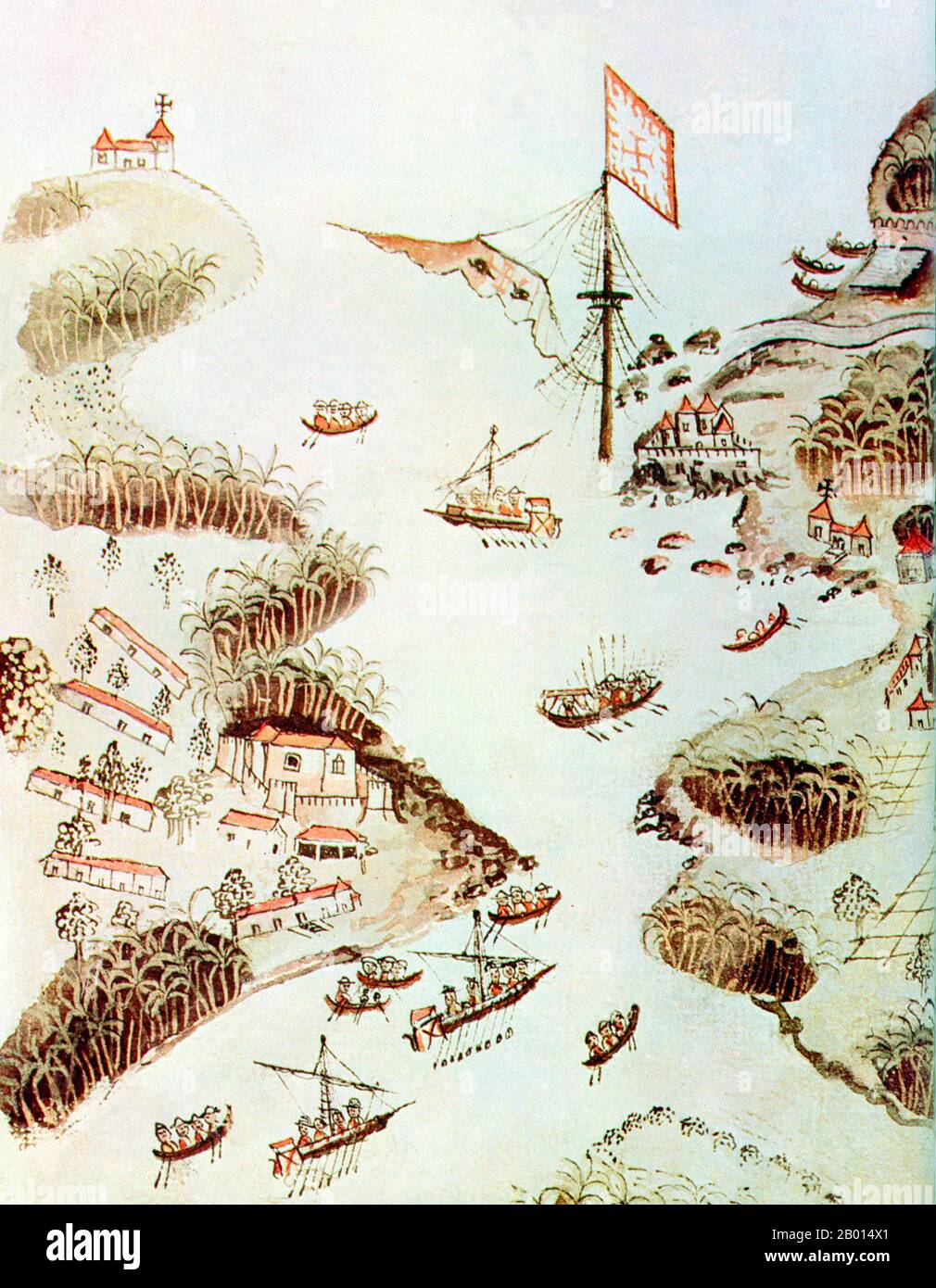 Portogallo/India: Quando la flotta del viceré Pedro Mascarenhas arrivò a Goa nel 1544, la sua nave affondò nel porto. In questa illustrazione, la sua bandiera può essere vista su un albero sommerso. Dom Pedro Mascarenhas (1480 – 16 giugno 1555) è stato un . Fu il primo europeo a scoprire l'isola di Diego Garcia nel 1512, e fu ambasciatore dal Portogallo alla Santa sede. Fu costretto dal re Giovanni III a diventare il nuovo viceré dell'India portoghese, nonostante la sua resistenza dovuta alla sua età, e servì solo per un anno prima di morire nel 1555. Foto Stock