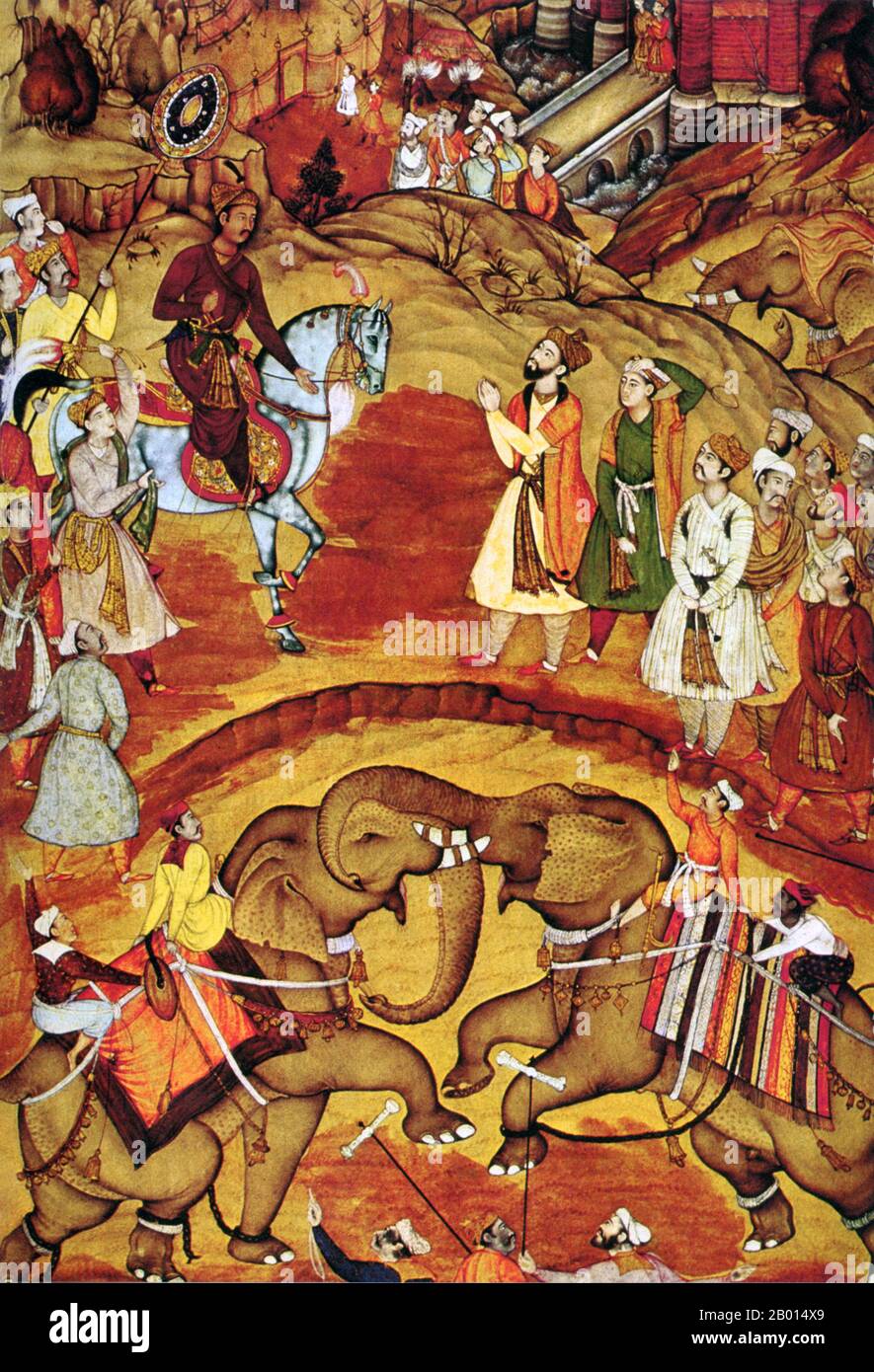 India: L'imperatore Akbar riceve la notizia che il suo secondo figlio è nato mentre si guarda una lotta elefante, 1570. Jaluddin Muhammad Akbar (15 ottobre 1542 – 13 ottobre 1605), conosciuto anche come Shahanshah Akbar-e-Azam o Akbar il Grande, è stato il terzo imperatore Mughal. Era di origine timuride: Il figlio di Humayun, e il nipote di Babur, il sovrano che fondò la dinastia Mughal in India. Alla fine del suo regno, nel 1605, l'impero Mughal coprì la maggior parte dell'India settentrionale e centrale ed era uno degli imperi più potenti della sua epoca. Foto Stock