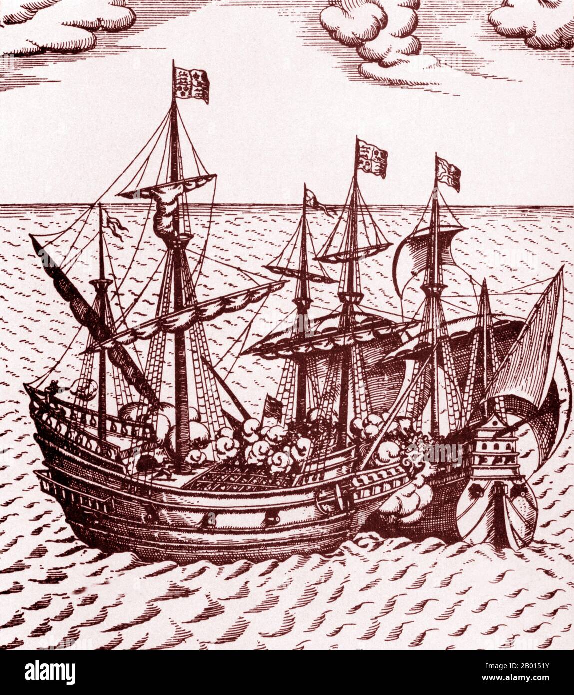 Inghilterra: "La cattura del Cacafuego, la nave del tesoro spagnola, di Sir Francis Drake". Incisione di Friedrich van Hulsen (1580-1665), 1626. Il Vice Ammiraglio Sir Francis Drake (1540-1596) è stato un . E un politico dell'epoca elisabettiana. Elisabetta i d'Inghilterra ha assegnato a Drake un'abilità nel 1581. Fu secondo al comando della flotta inglese contro l'Armada spagnola nel 1588, subordinato solo a Charles Howard e alla Regina stessa. Morì di dissenteria nel gennaio 1596 dopo aver attaccato senza successo San Juan, Porto Rico. Foto Stock